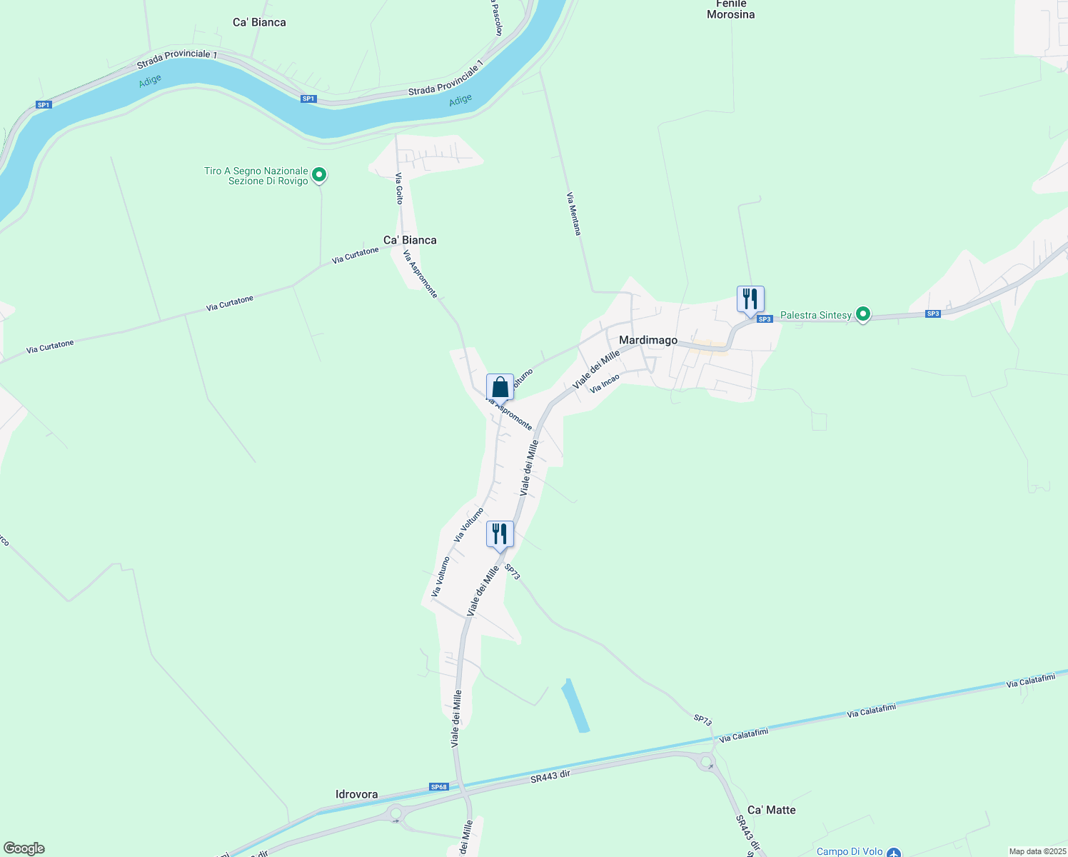 map of restaurants, bars, coffee shops, grocery stores, and more near 280 Viale dei Mille in Mardimago