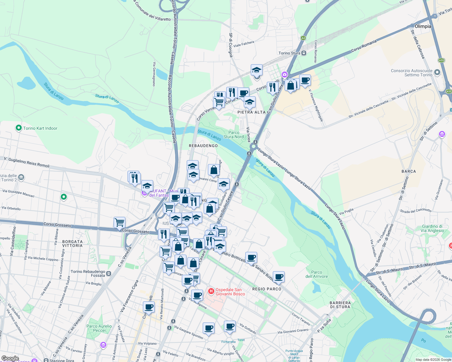map of restaurants, bars, coffee shops, grocery stores, and more near 37 Via Giovanni Cena in Torino