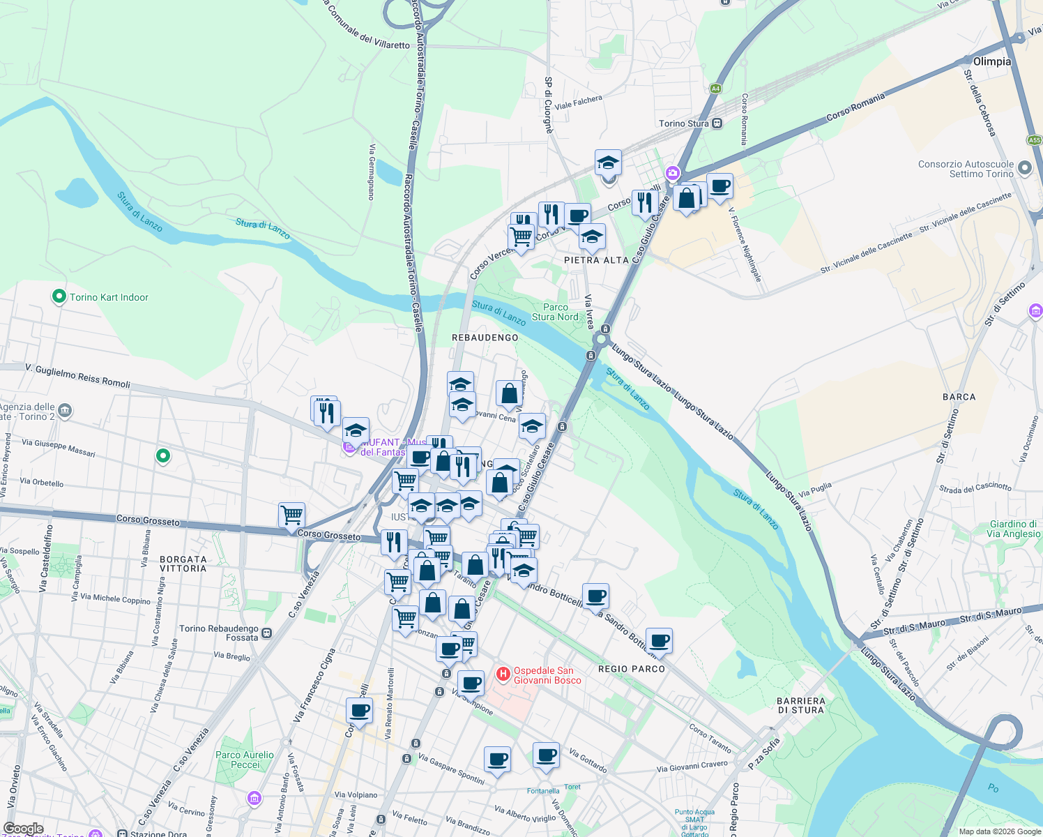 map of restaurants, bars, coffee shops, grocery stores, and more near 37 Via Giovanni Cena in Torino
