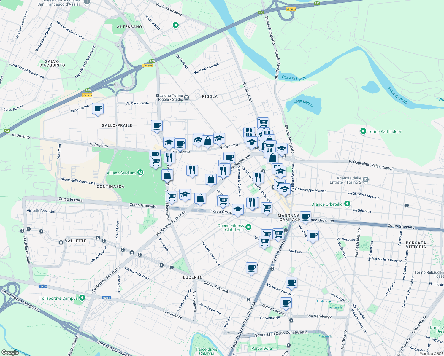 map of restaurants, bars, coffee shops, grocery stores, and more near 239 Via Andrea Sansovino in Torino