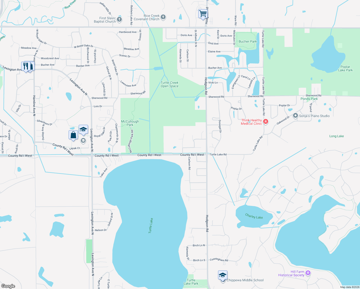 map of restaurants, bars, coffee shops, grocery stores, and more near 5563 Alameda Street in Shoreview