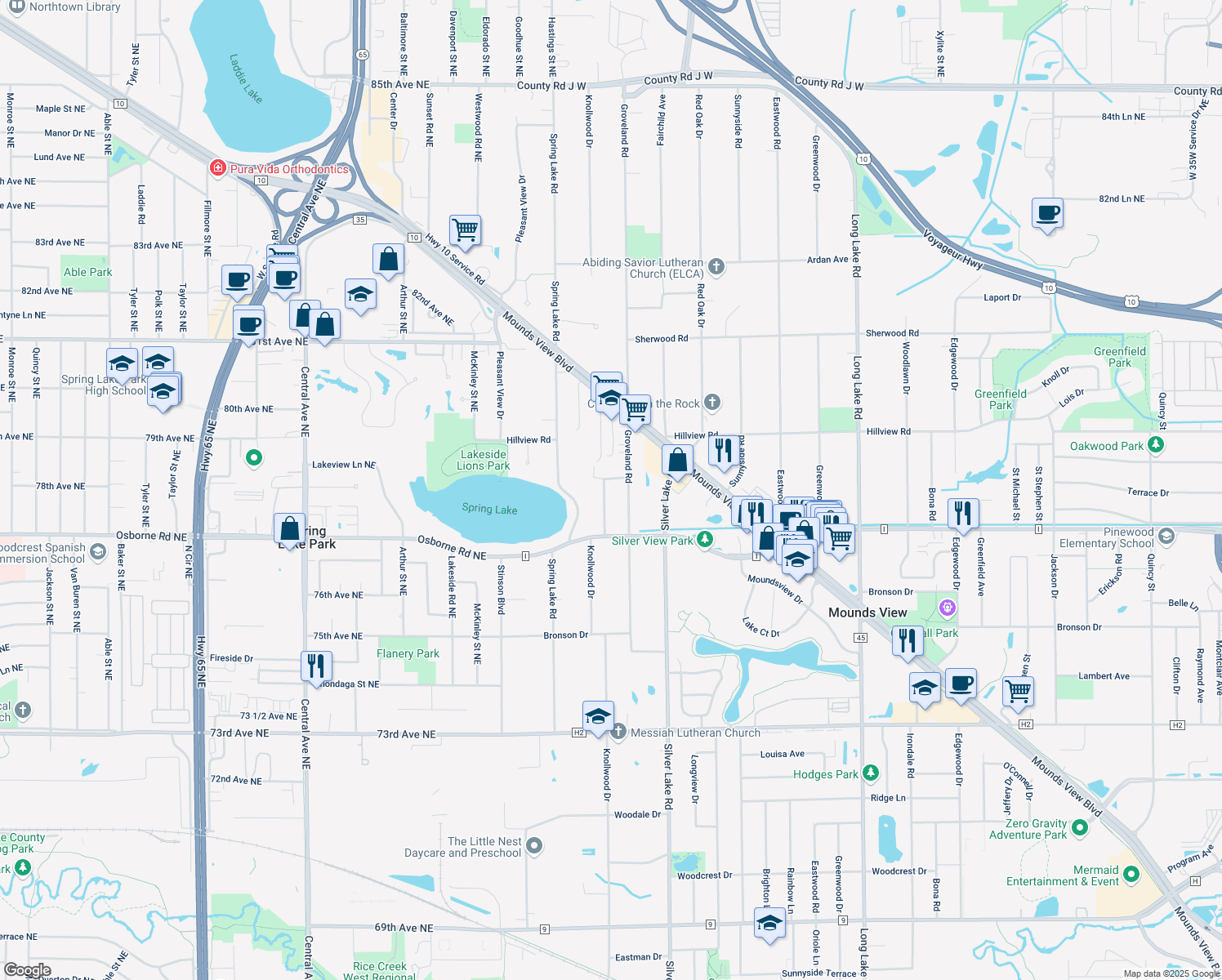 map of restaurants, bars, coffee shops, grocery stores, and more near 7769 Knollwood Drive in Mounds View