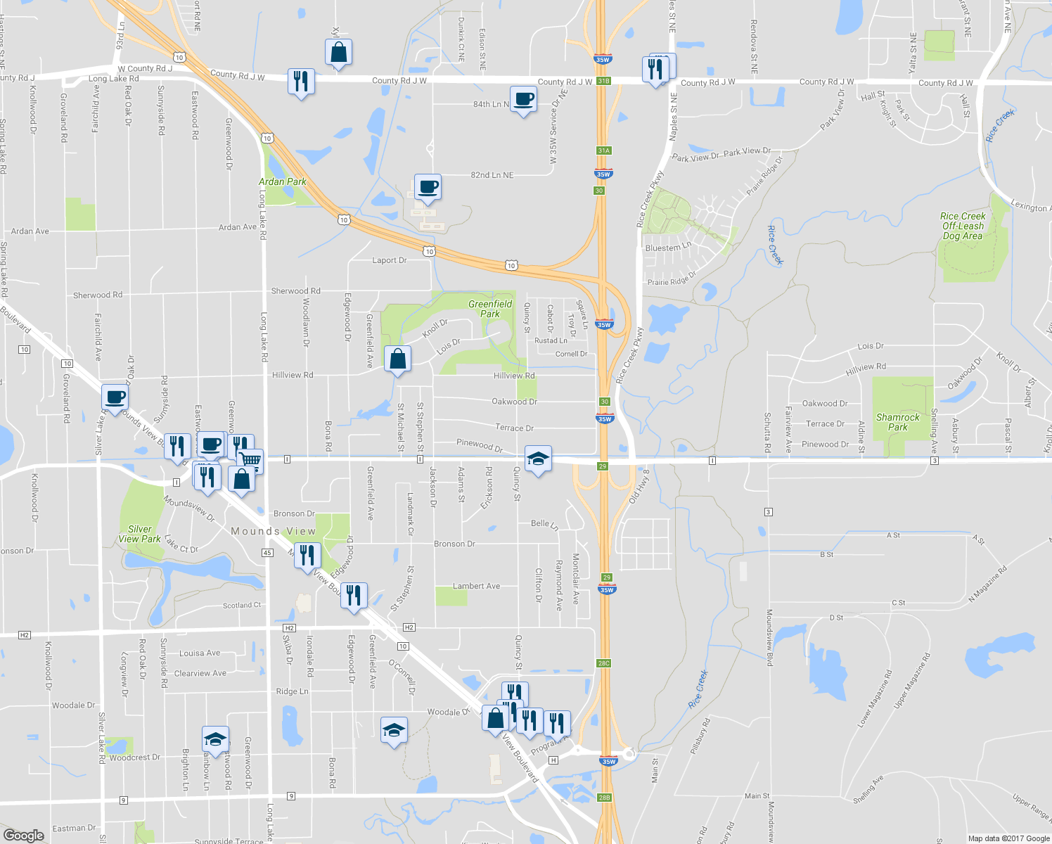 map of restaurants, bars, coffee shops, grocery stores, and more near 2167 Terrace Drive in Mounds View