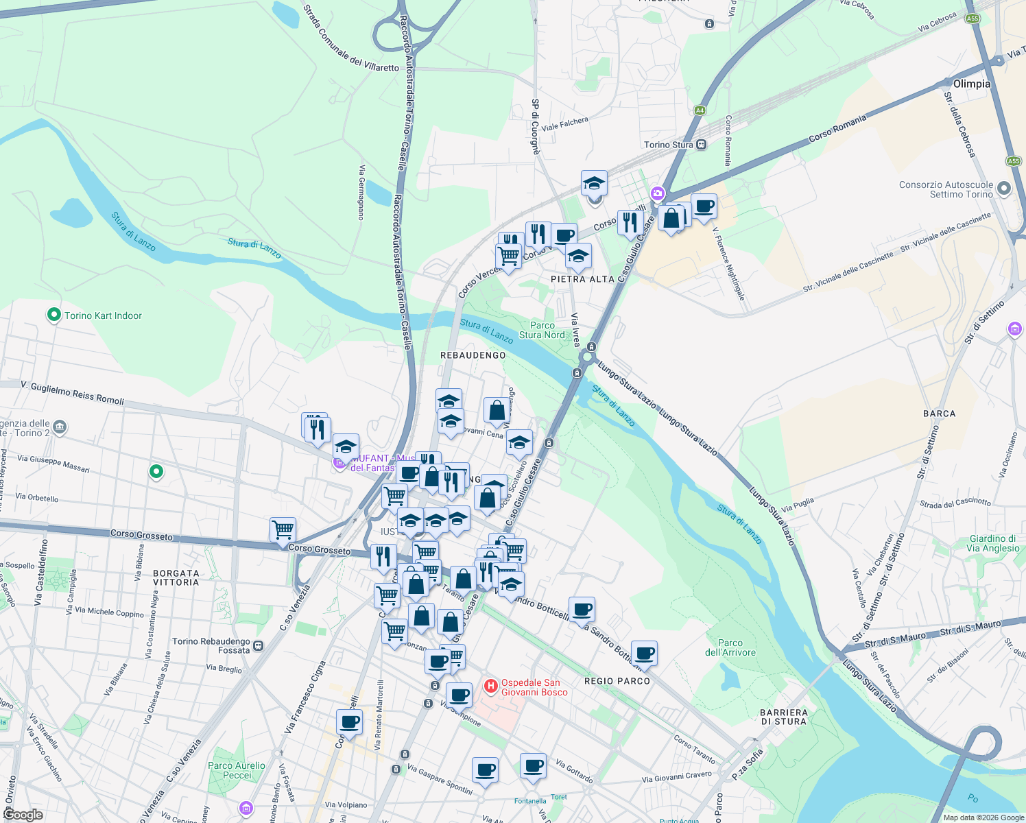 map of restaurants, bars, coffee shops, grocery stores, and more near 37 Via Giovanni Cena in Torino