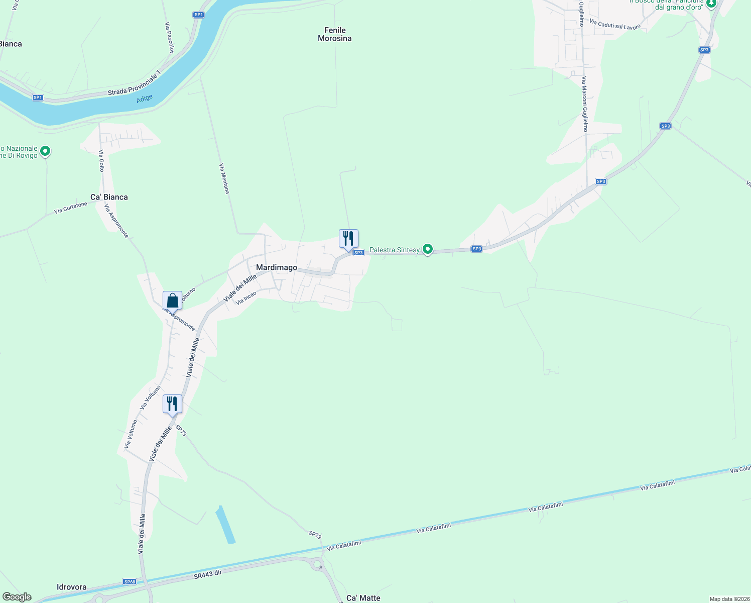 map of restaurants, bars, coffee shops, grocery stores, and more near 14 Via Caprera in Provincia di Rovigo