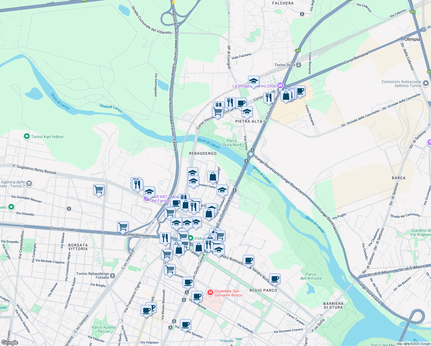 map of restaurants, bars, coffee shops, grocery stores, and more near 95 Via Vistrorio in Turin