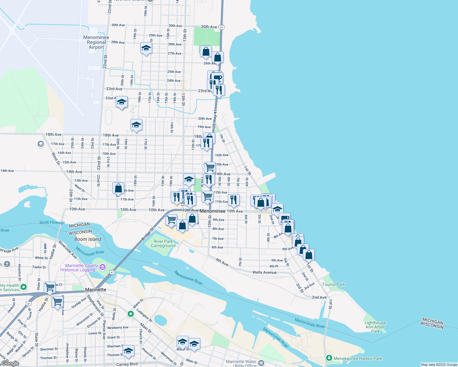 map of restaurants, bars, coffee shops, grocery stores, and more near 8th Street in Menominee