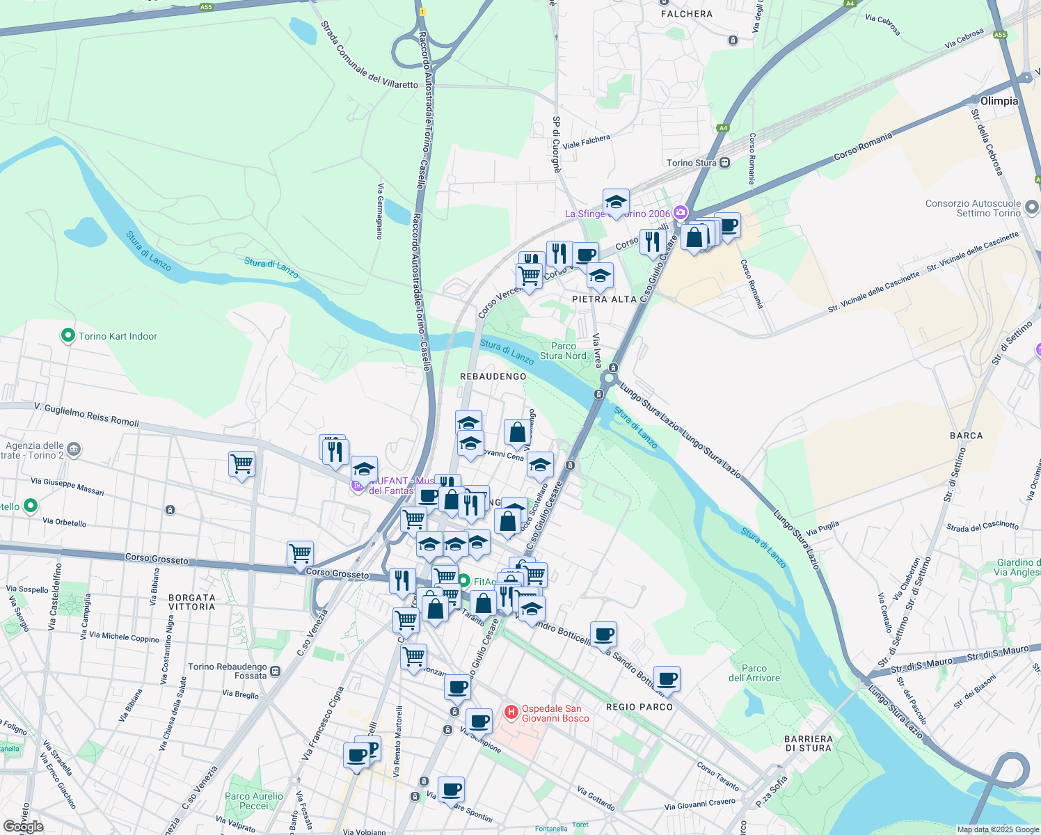 map of restaurants, bars, coffee shops, grocery stores, and more near 95 Via Vistrorio in Torino