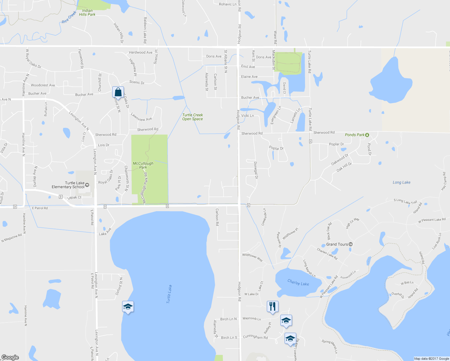 map of restaurants, bars, coffee shops, grocery stores, and more near 5600 Saint Albans Circle in Shoreview