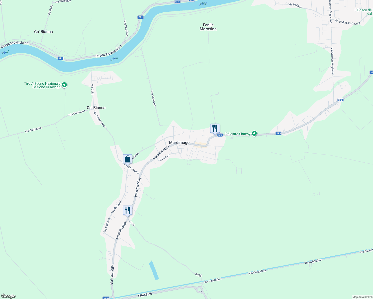 map of restaurants, bars, coffee shops, grocery stores, and more near 388 Viale dei Mille in Mardimago