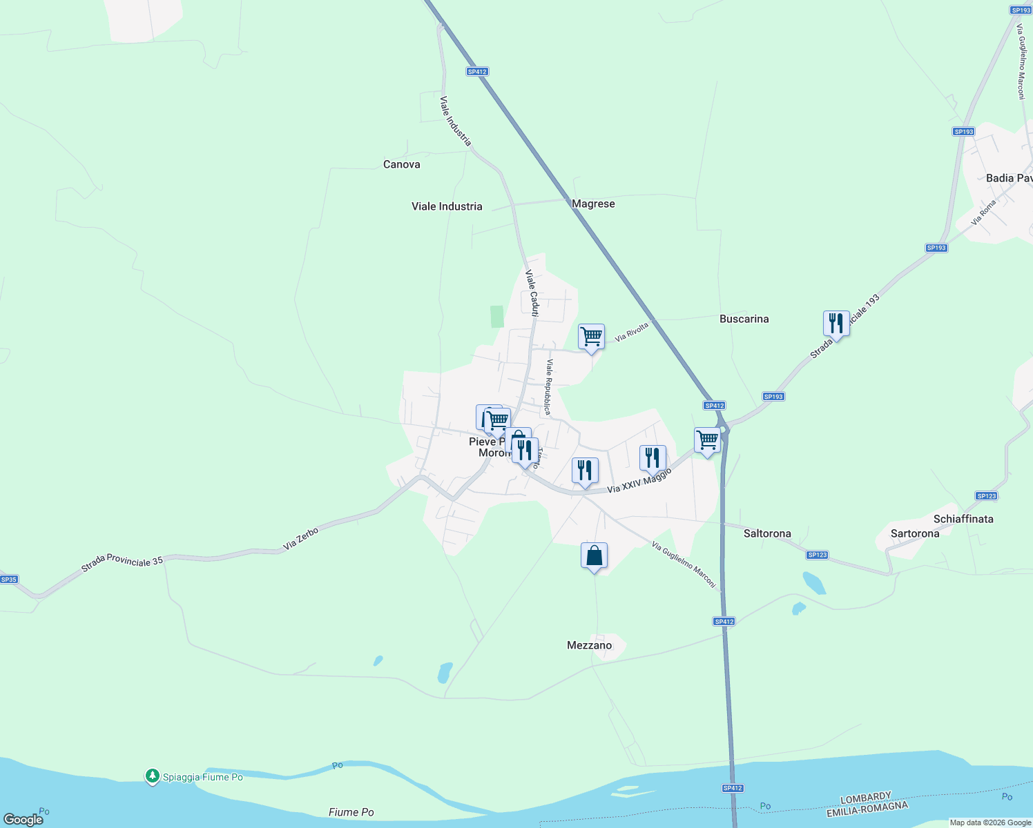 map of restaurants, bars, coffee shops, grocery stores, and more near 64 Via Roma in Pieve Porto Morone