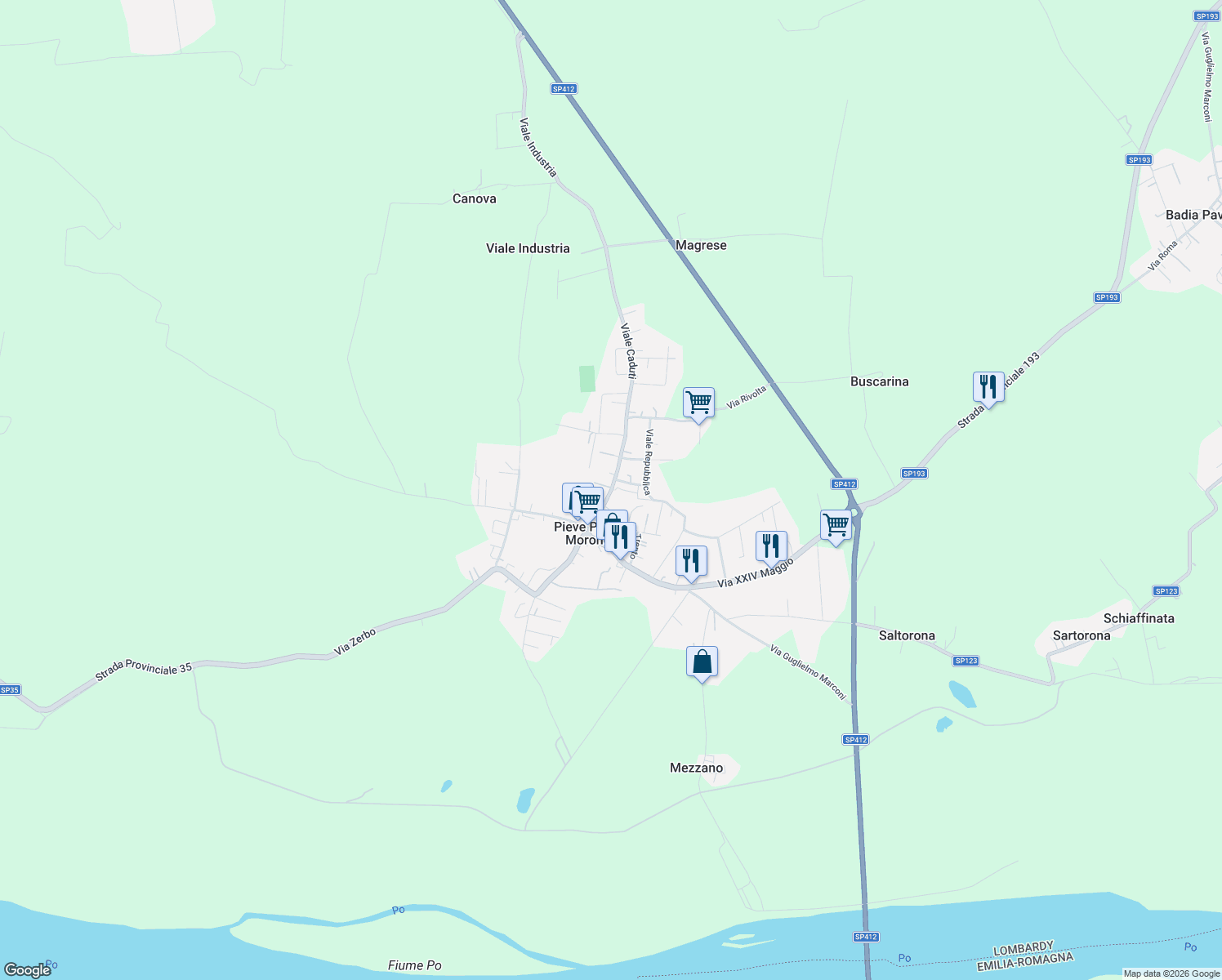 map of restaurants, bars, coffee shops, grocery stores, and more near 64 Via Roma in Pieve Porto Morone