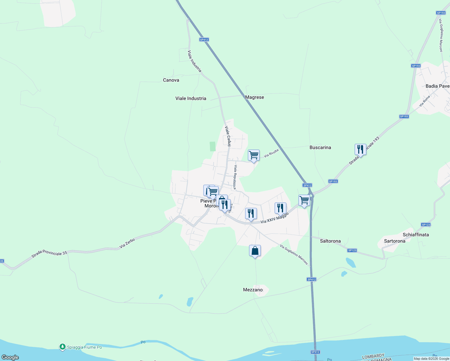 map of restaurants, bars, coffee shops, grocery stores, and more near 64 Via Roma in Pieve Porto Morone
