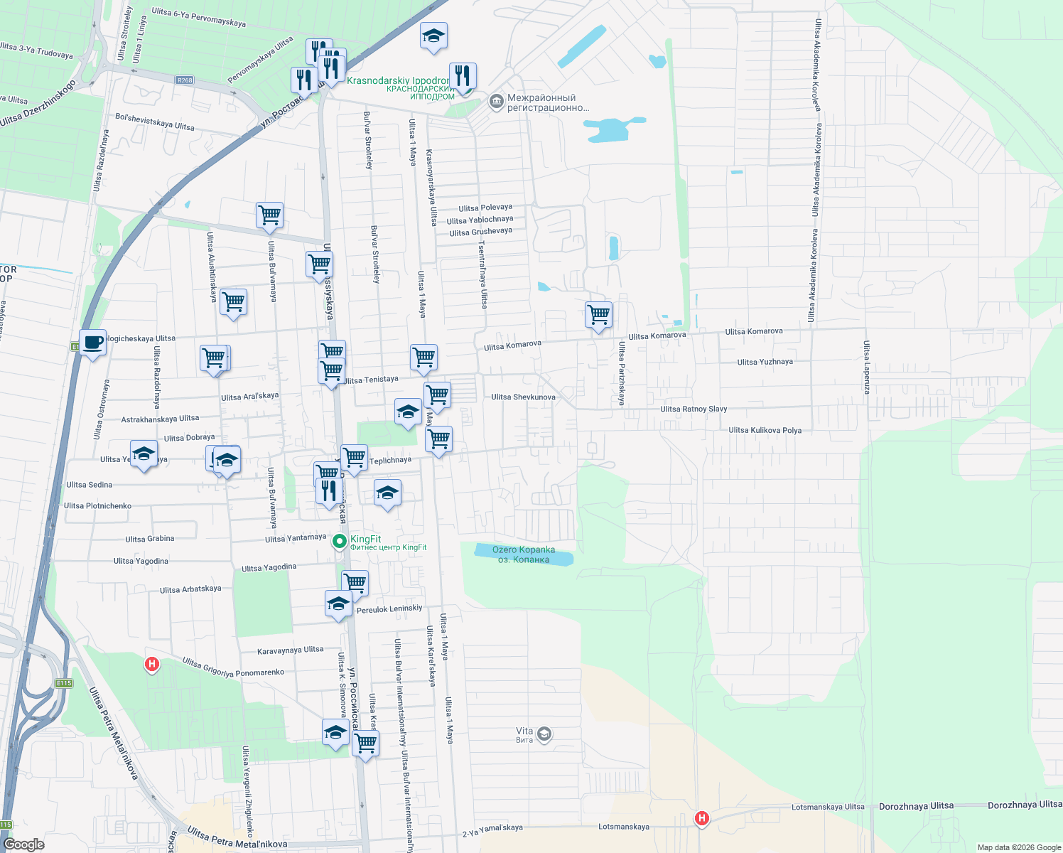 map of restaurants, bars, coffee shops, grocery stores, and more near in Gorod Krasnodar