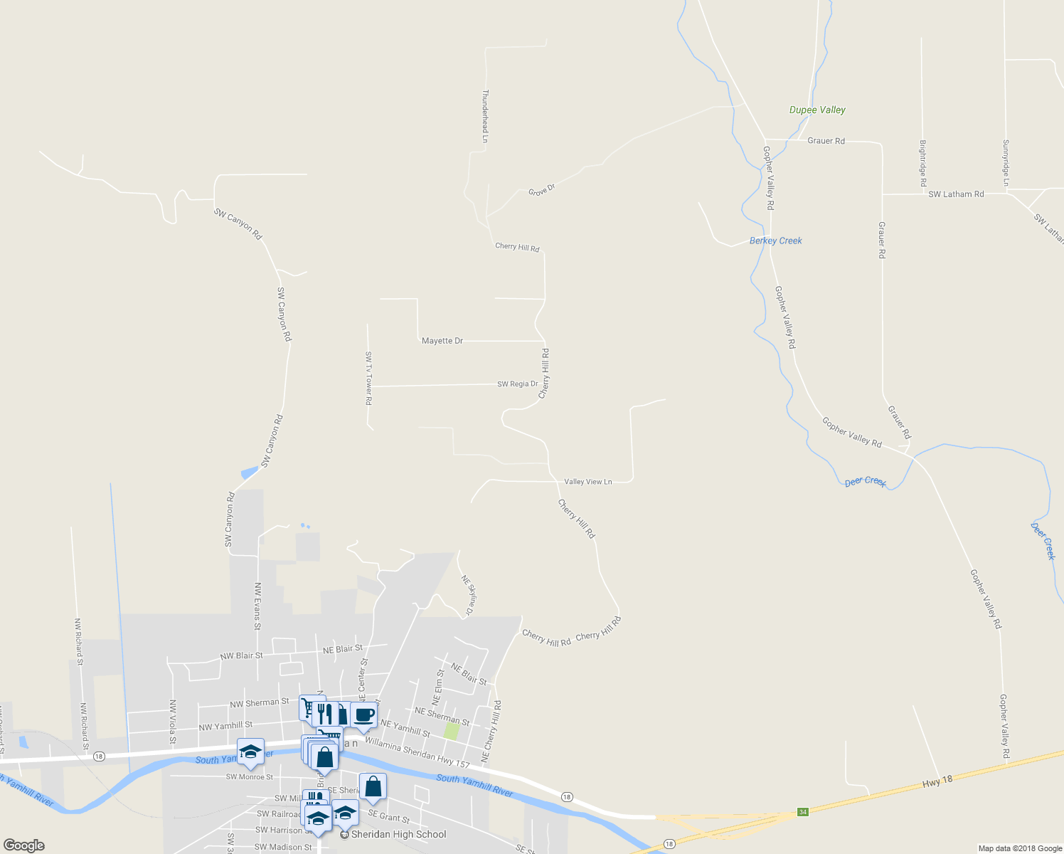 map of restaurants, bars, coffee shops, grocery stores, and more near 20550 Cherry Hill Road in Sheridan