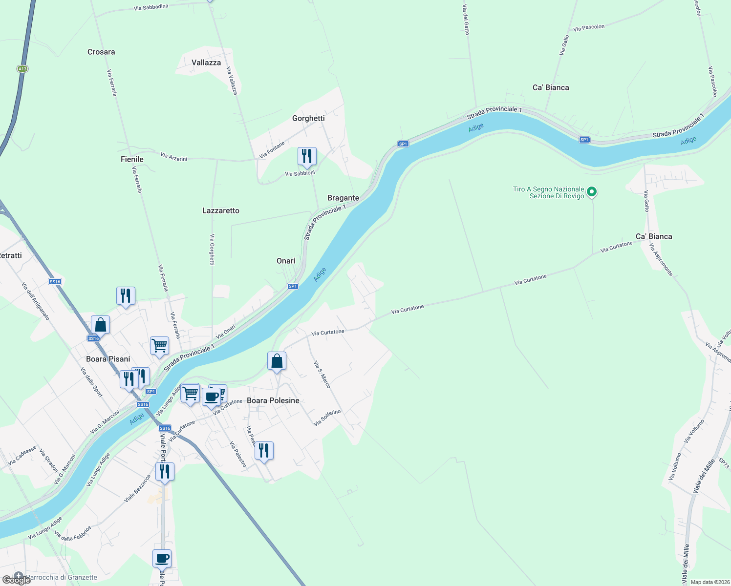 map of restaurants, bars, coffee shops, grocery stores, and more near 15 Via Cà Matte in Rovigo