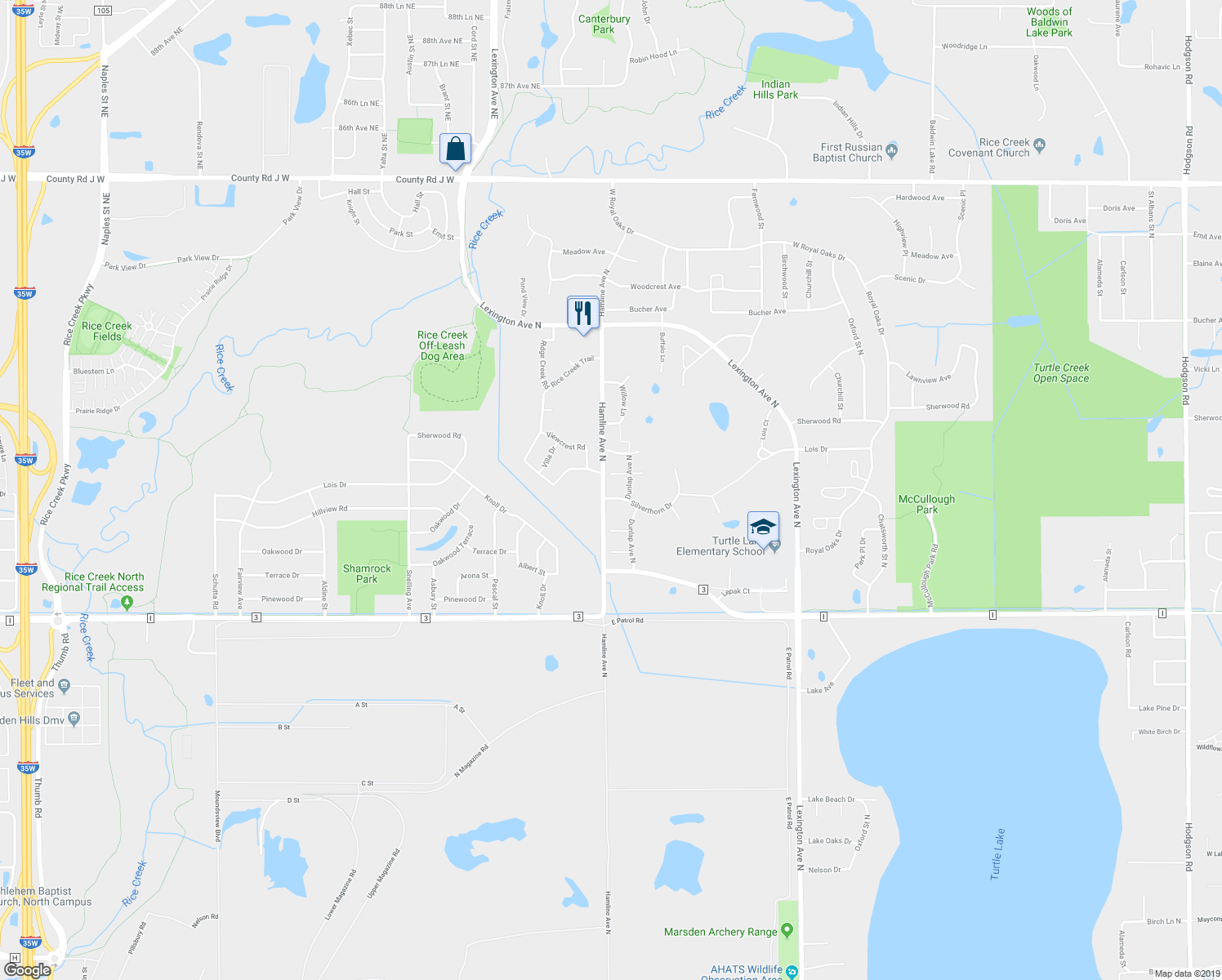 map of restaurants, bars, coffee shops, grocery stores, and more near 1331 Silverthorn Drive in Shoreview