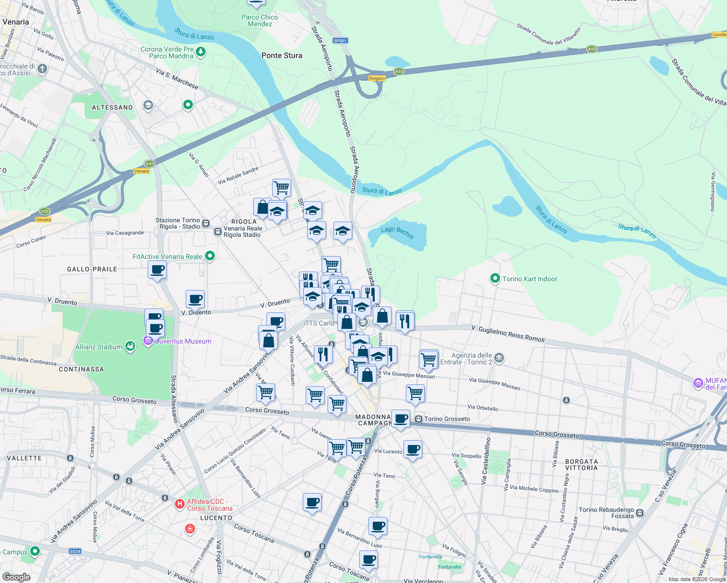 map of restaurants, bars, coffee shops, grocery stores, and more near 32 Via Quincinetto in Turin