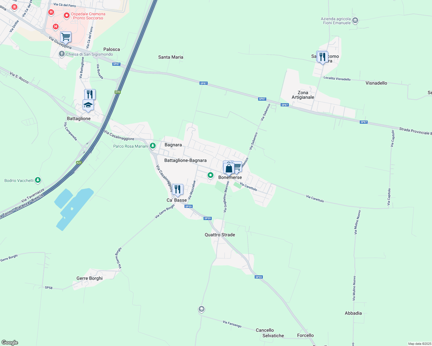 map of restaurants, bars, coffee shops, grocery stores, and more near 13 Via 8 Marzo in Bonemerse
