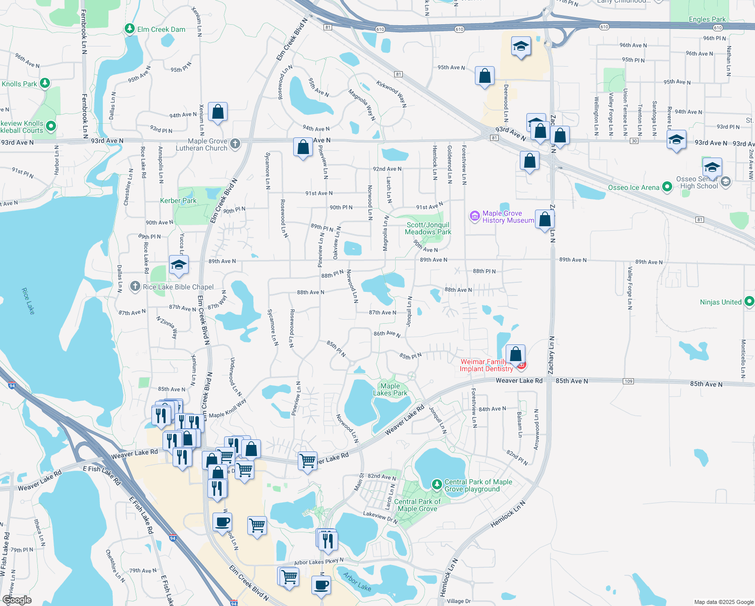 map of restaurants, bars, coffee shops, grocery stores, and more near 8726 Magnolia Court in Maple Grove