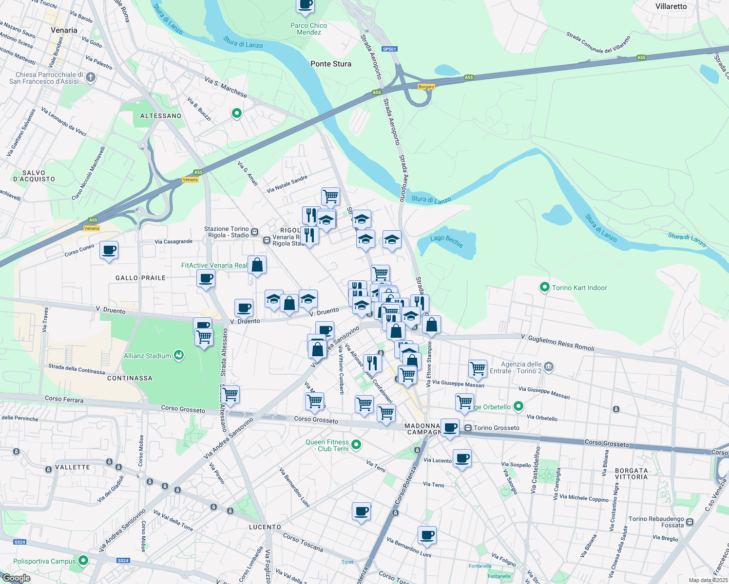 map of restaurants, bars, coffee shops, grocery stores, and more near 12 Via Giacomo Durando in Torino