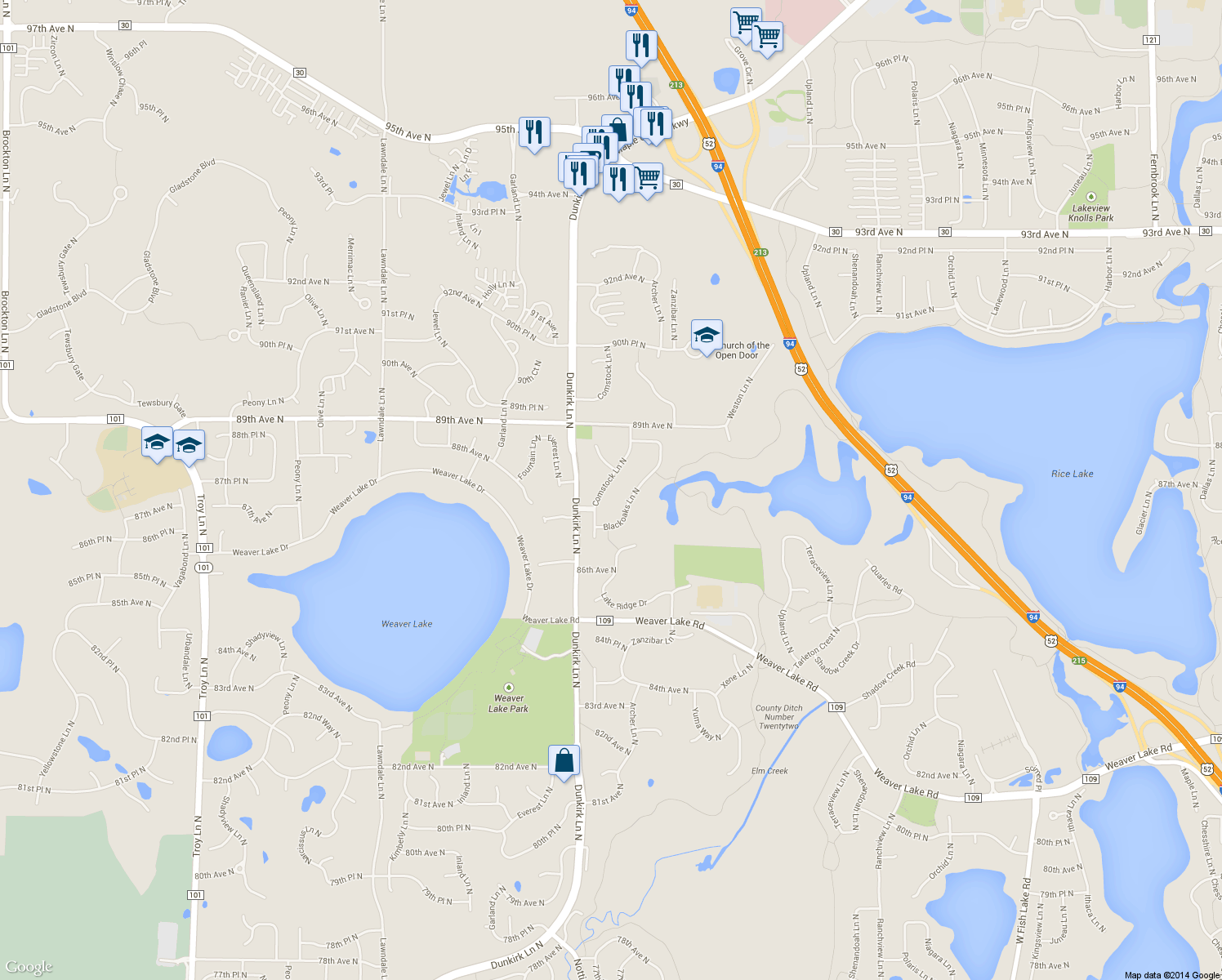 map of restaurants, bars, coffee shops, grocery stores, and more near 8768 Comstock Ln N in Maple Grove