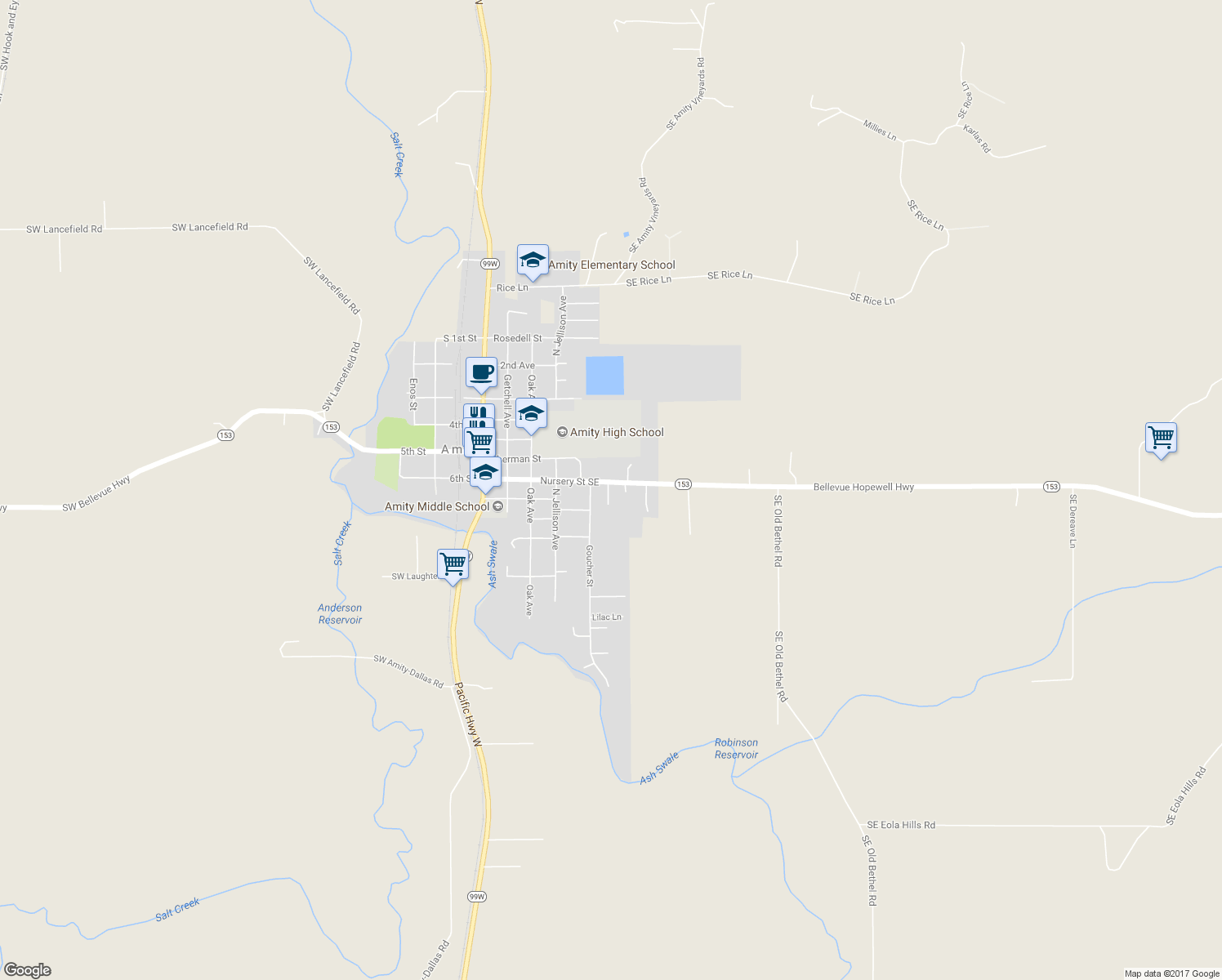 map of restaurants, bars, coffee shops, grocery stores, and more near 509 Nursery Street Southeast in Amity