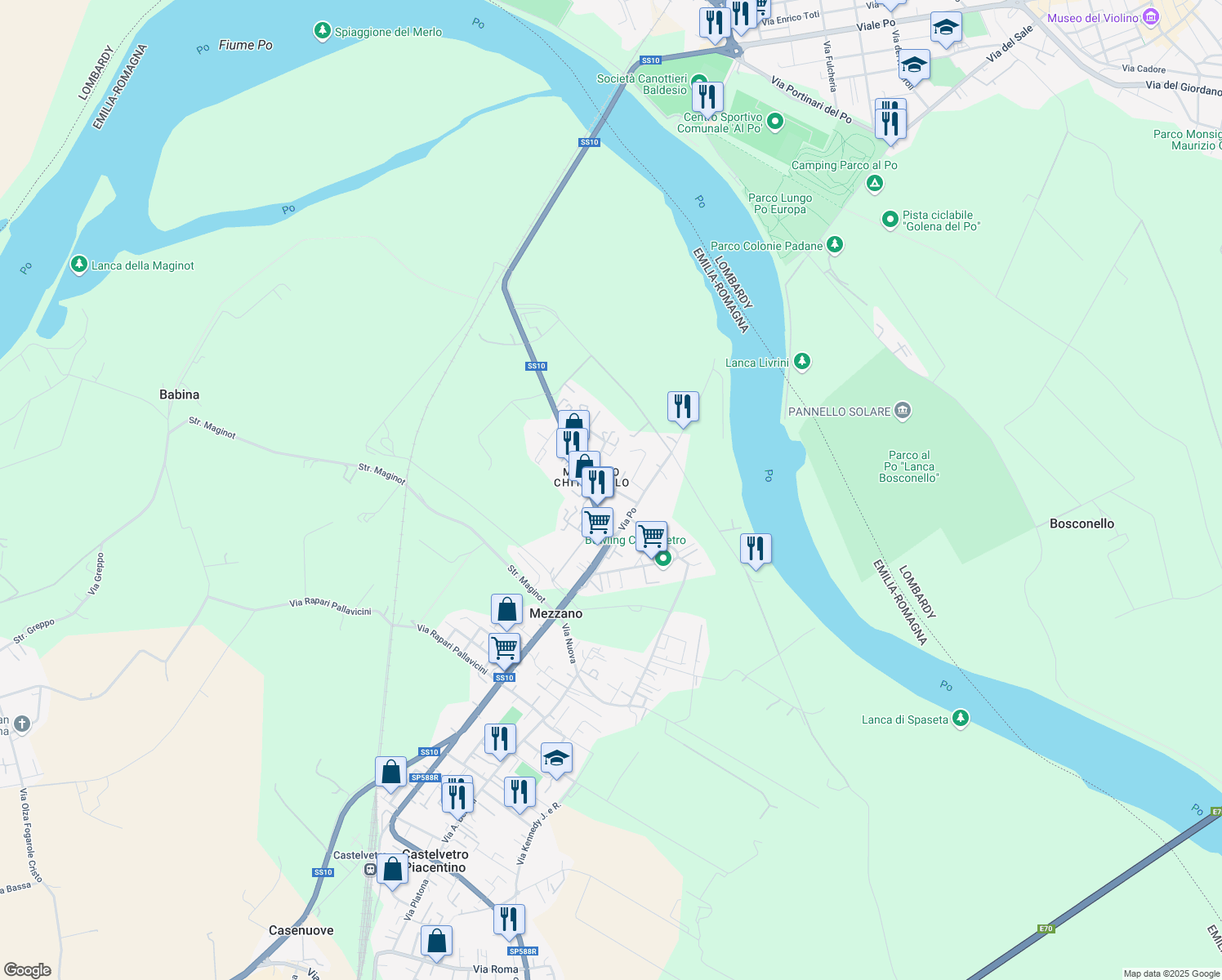 map of restaurants, bars, coffee shops, grocery stores, and more near 64 Via Parigi in Castelvetro Piacentino