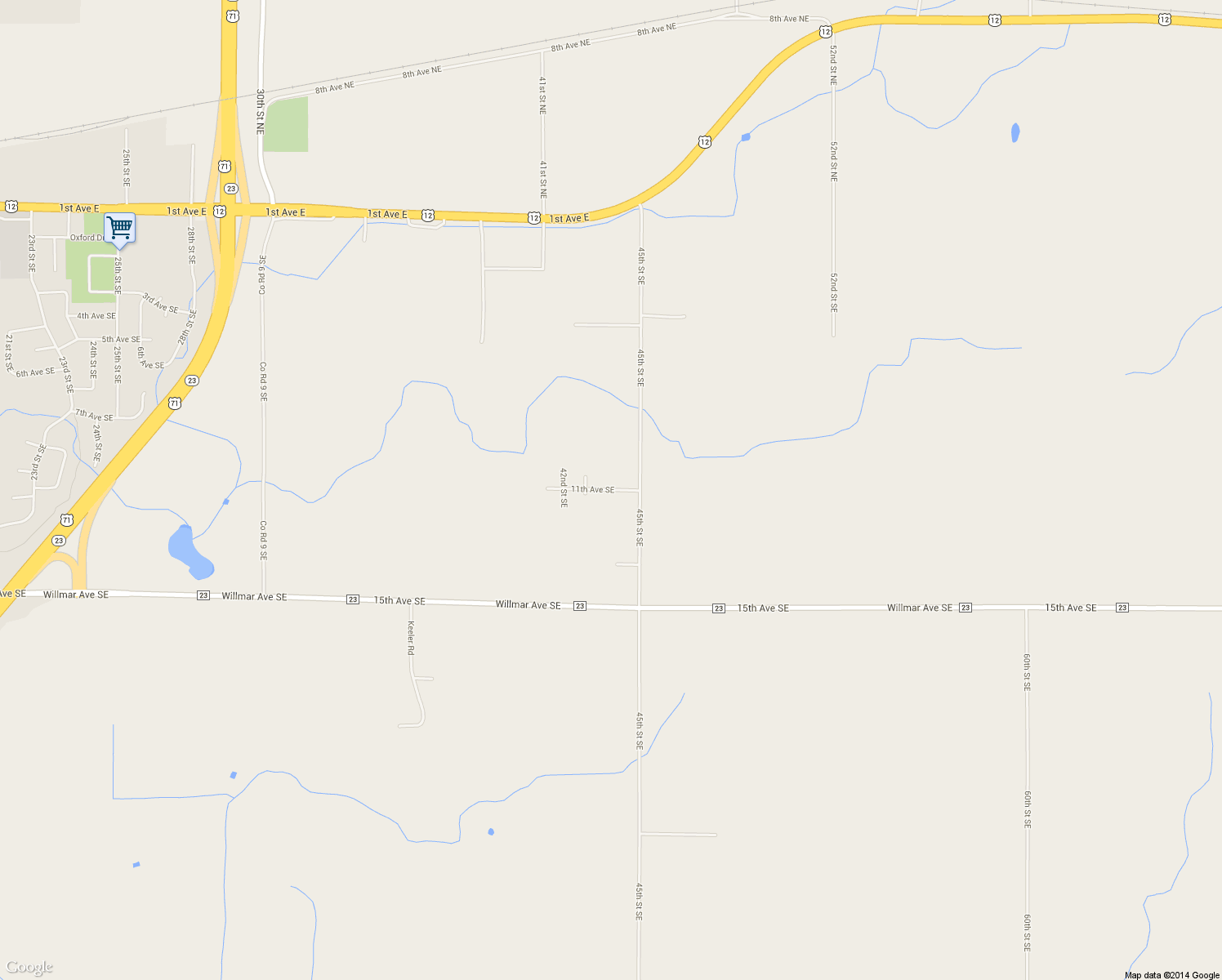 map of restaurants, bars, coffee shops, grocery stores, and more near 4421 11th Avenue Southeast in Willmar