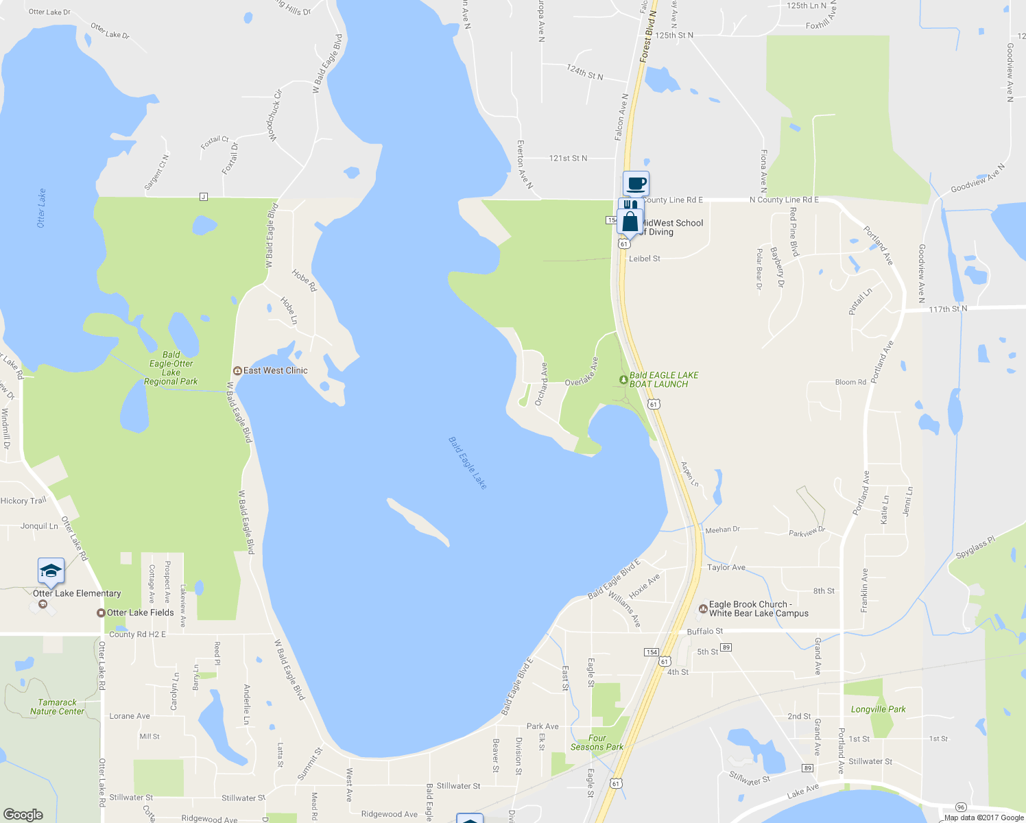 map of restaurants, bars, coffee shops, grocery stores, and more near 5717 Birch Road in White Bear Lake