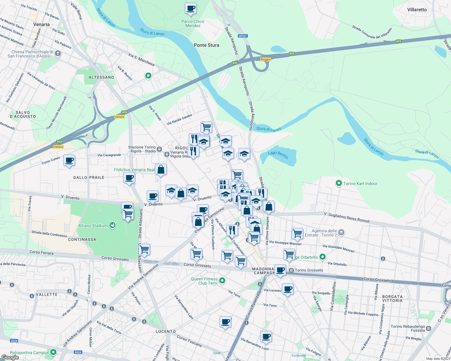 map of restaurants, bars, coffee shops, grocery stores, and more near 12 Via Giacomo Durando in Torino