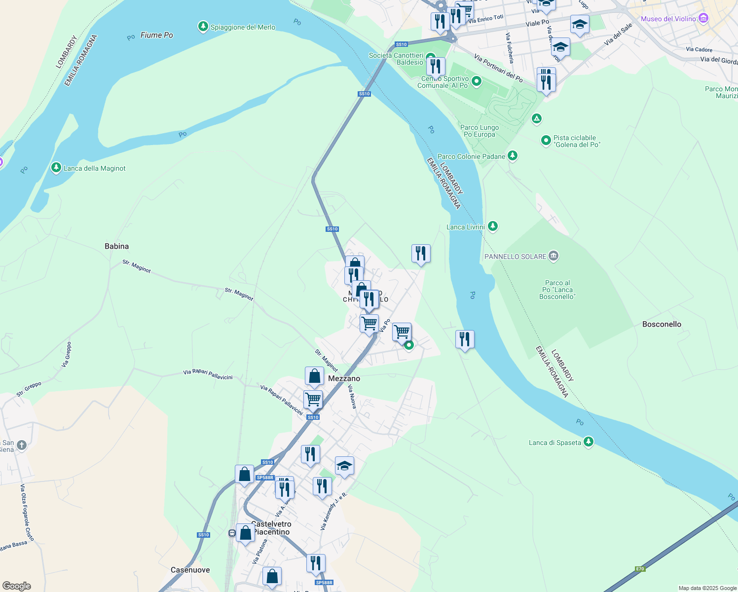 map of restaurants, bars, coffee shops, grocery stores, and more near 64 Via Parigi in Castelvetro Piacentino