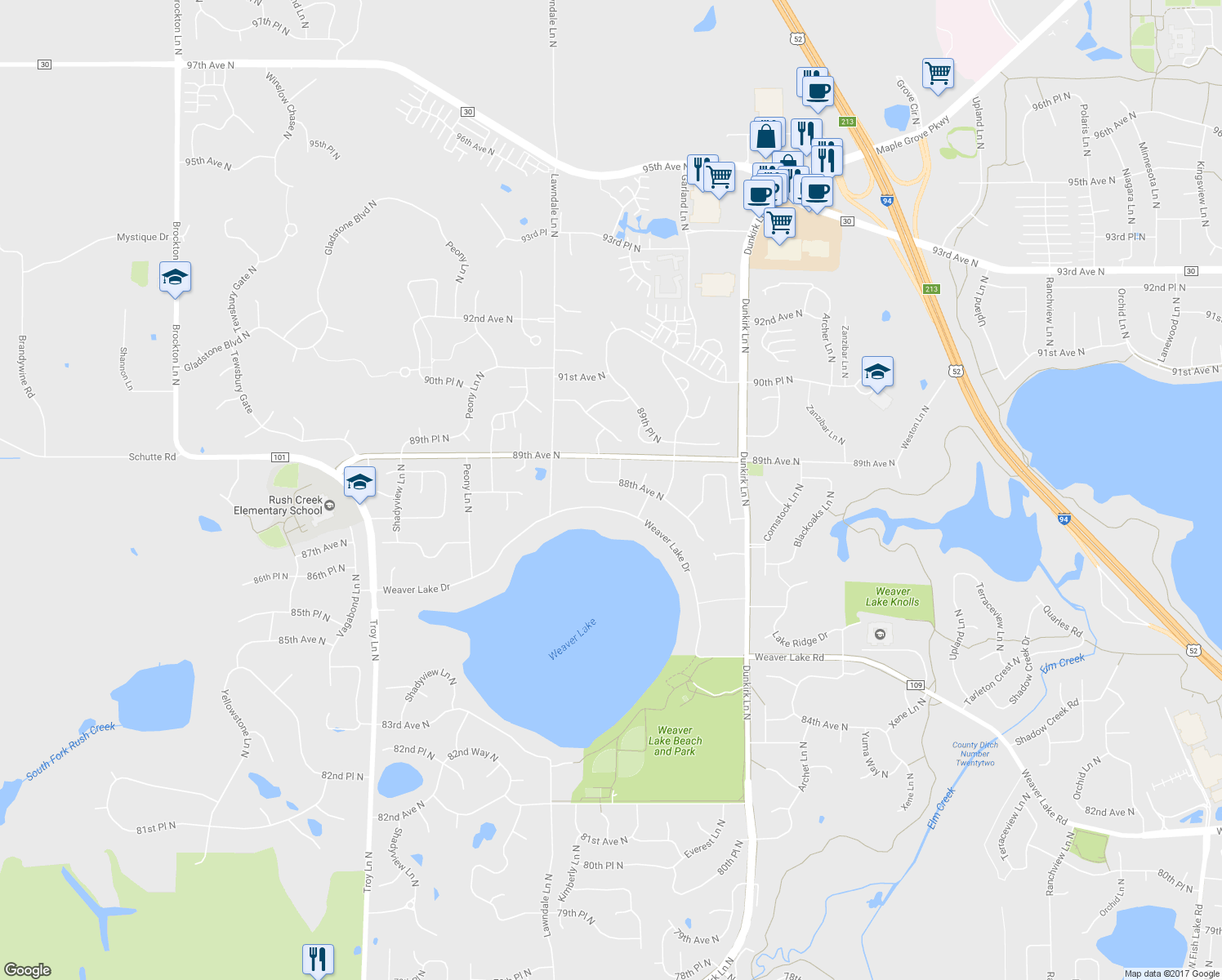 map of restaurants, bars, coffee shops, grocery stores, and more near 17261 88th Avenue North in Osseo