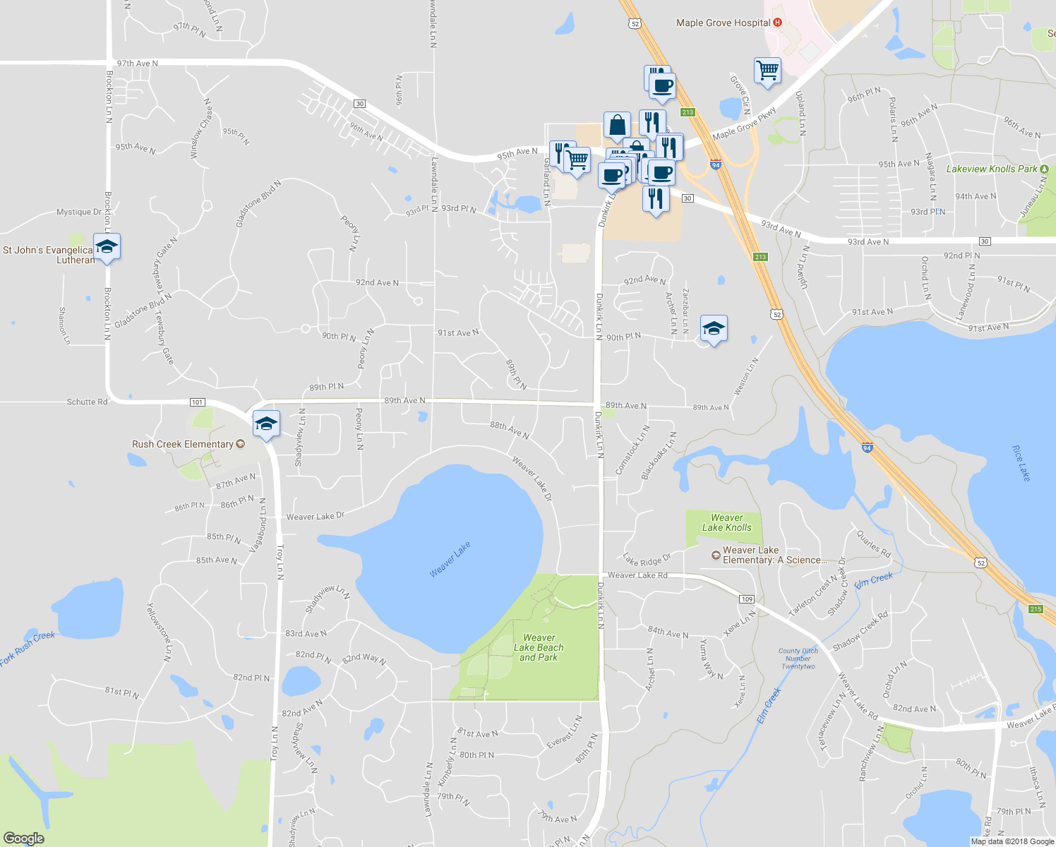 map of restaurants, bars, coffee shops, grocery stores, and more near 8861 Garland Lane North in Maple Grove