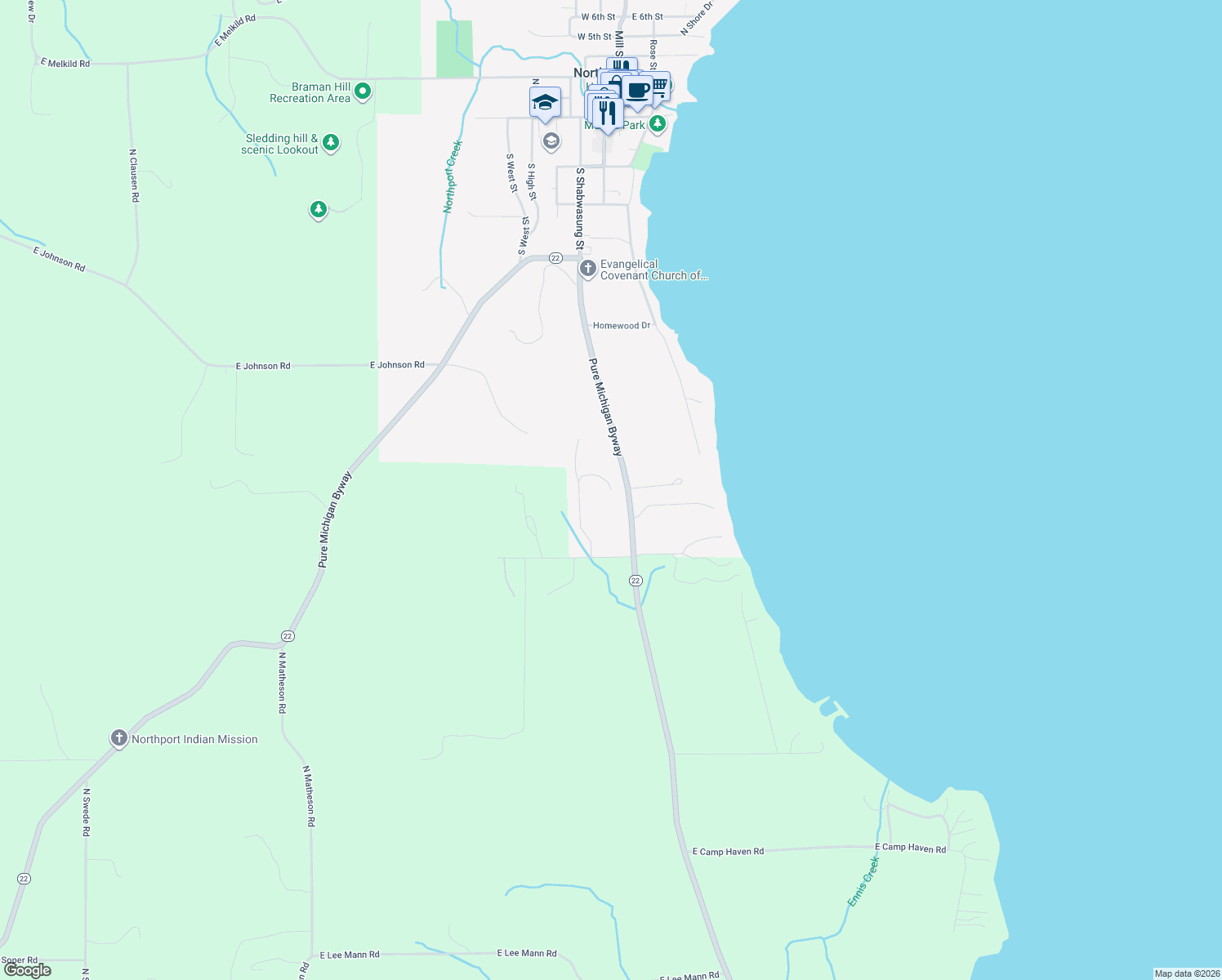 map of restaurants, bars, coffee shops, grocery stores, and more near 566 South Plum Lane in Northport