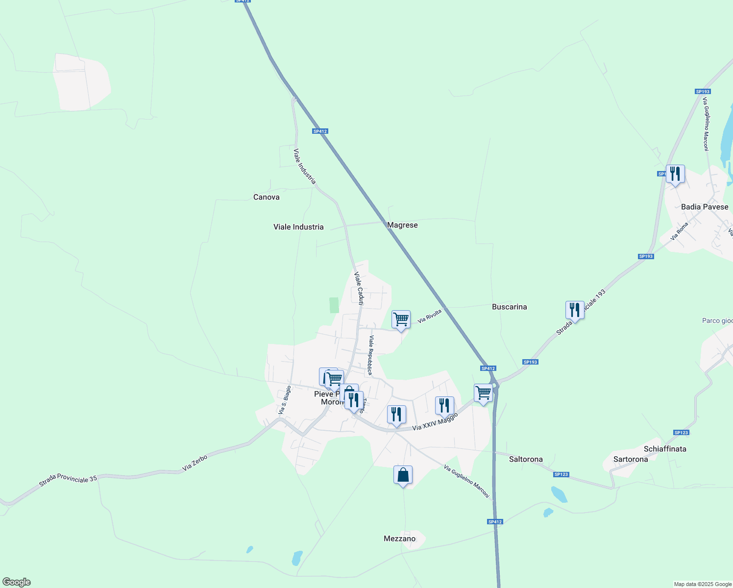 map of restaurants, bars, coffee shops, grocery stores, and more near 3 Via Carlo Broglia in Pieve Porto Morone