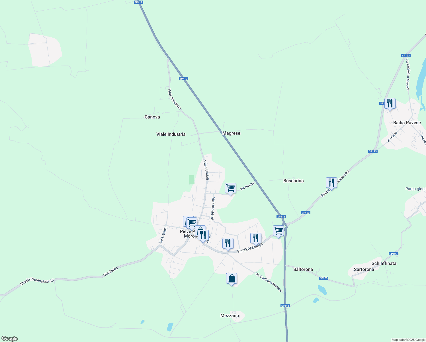 map of restaurants, bars, coffee shops, grocery stores, and more near 3 Via Carlo Broglia in Pieve Porto Morone
