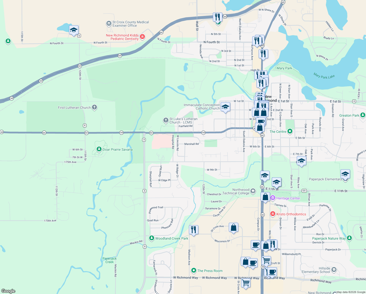 map of restaurants, bars, coffee shops, grocery stores, and more near 605 East Lincoln Road in New Richmond