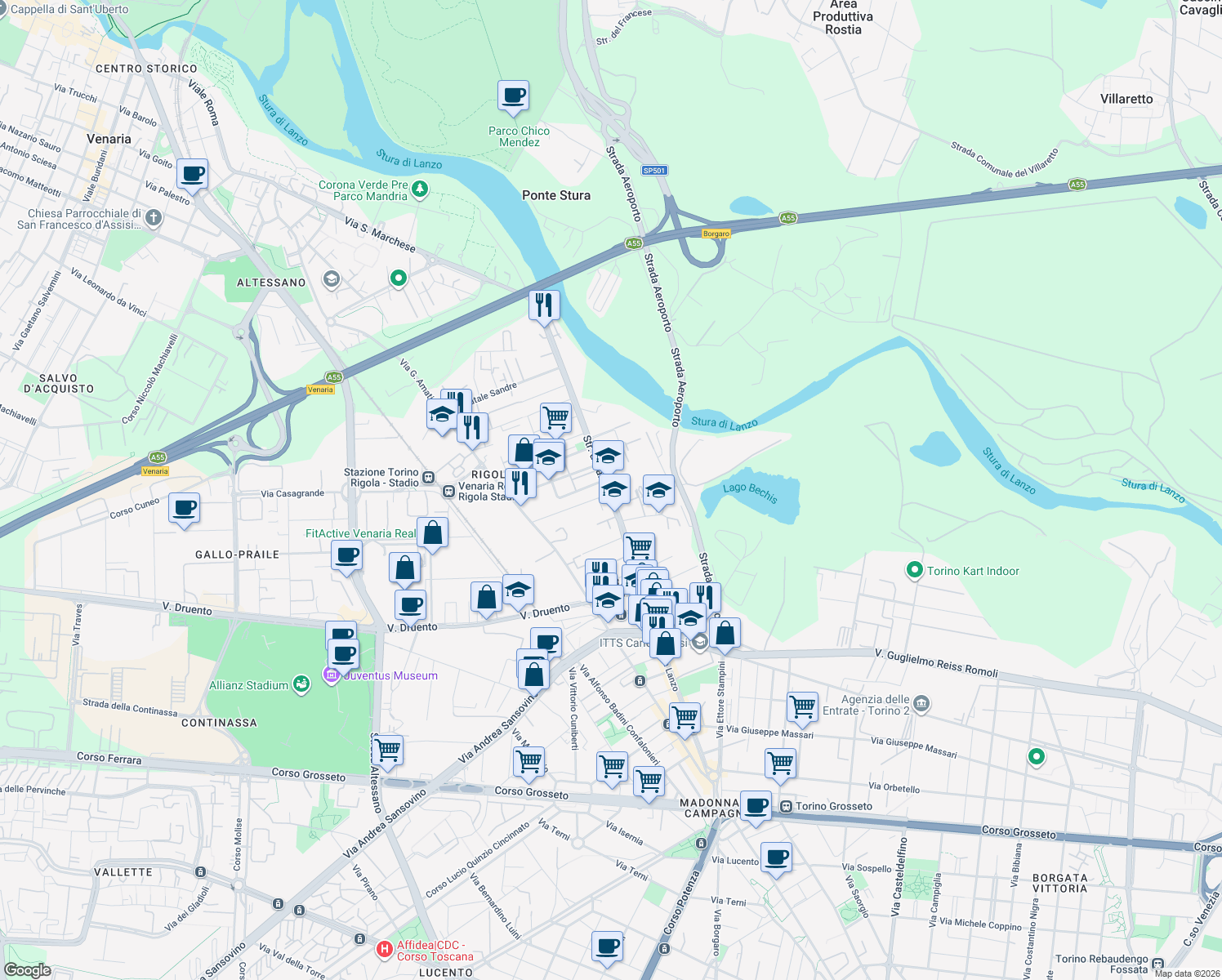 map of restaurants, bars, coffee shops, grocery stores, and more near 157 Strada di Lanzo in Turin