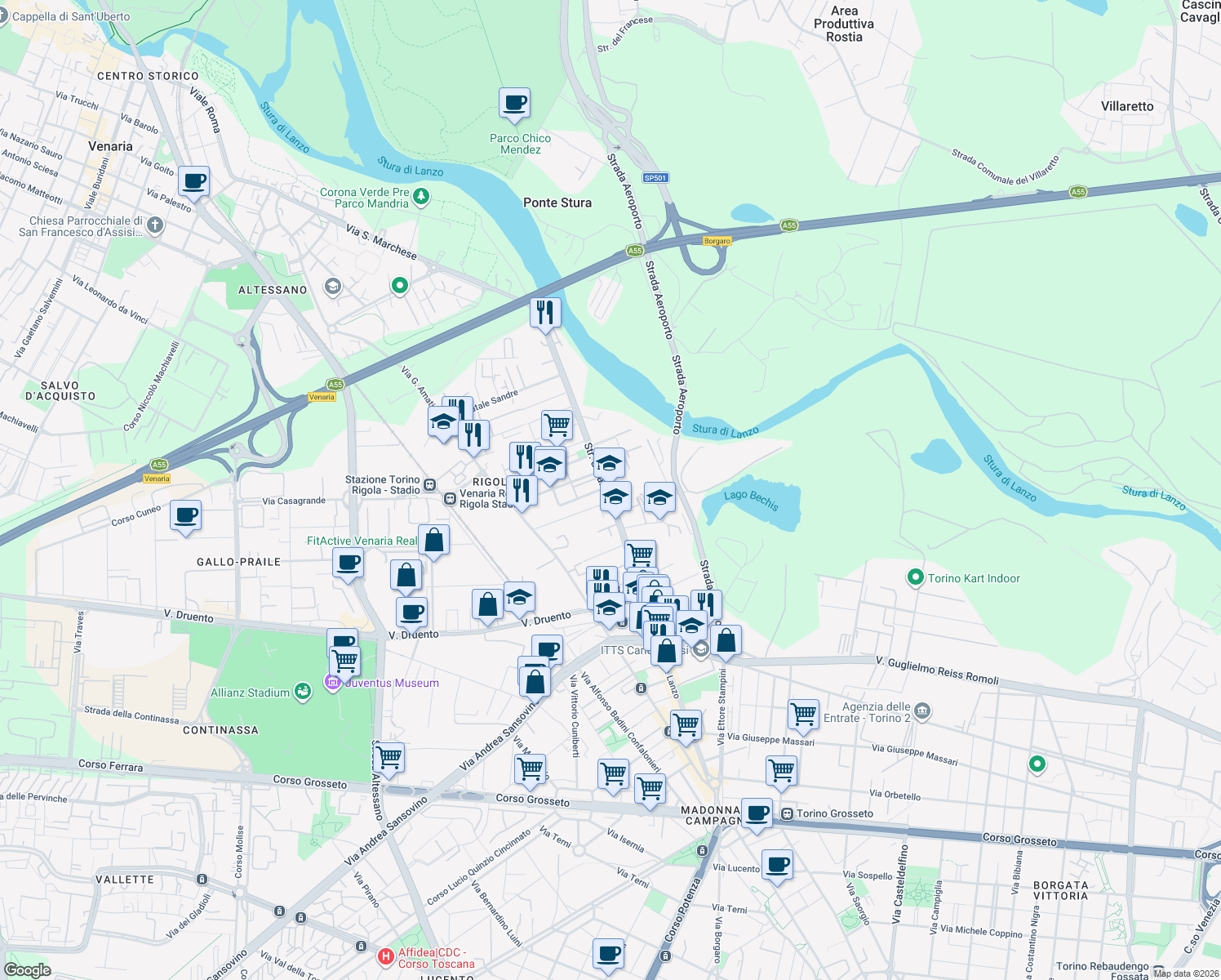 map of restaurants, bars, coffee shops, grocery stores, and more near 157 bis Strada di Lanzo in Torino