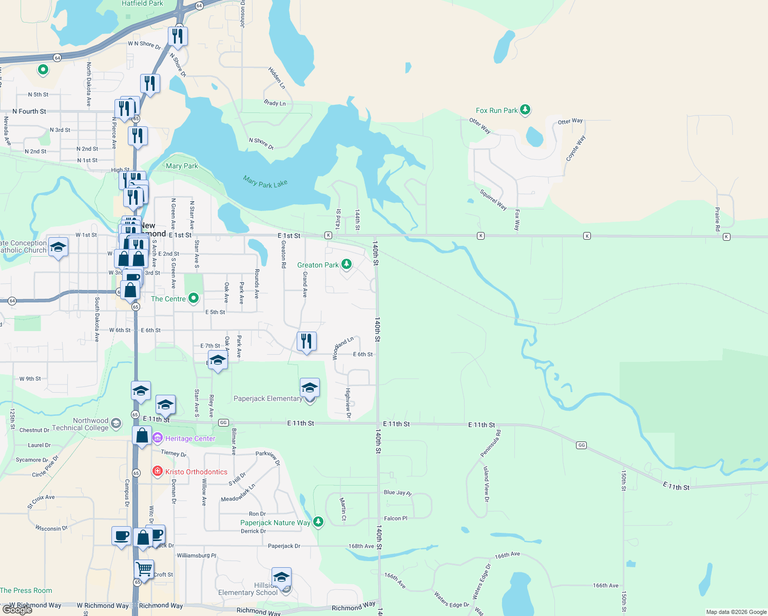 map of restaurants, bars, coffee shops, grocery stores, and more near 1749 140th St in New Richmond