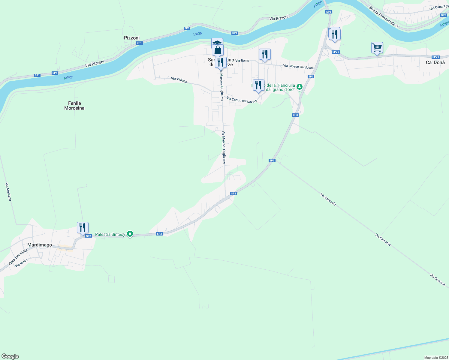 map of restaurants, bars, coffee shops, grocery stores, and more near 1315B Via Marconi Guglielmo in San Martino di Venezze
