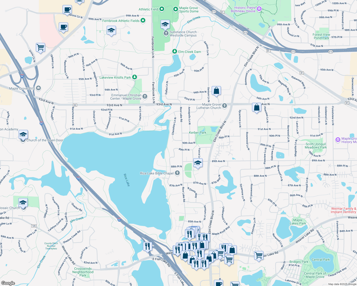 map of restaurants, bars, coffee shops, grocery stores, and more near 13945 90th Place North in Maple Grove