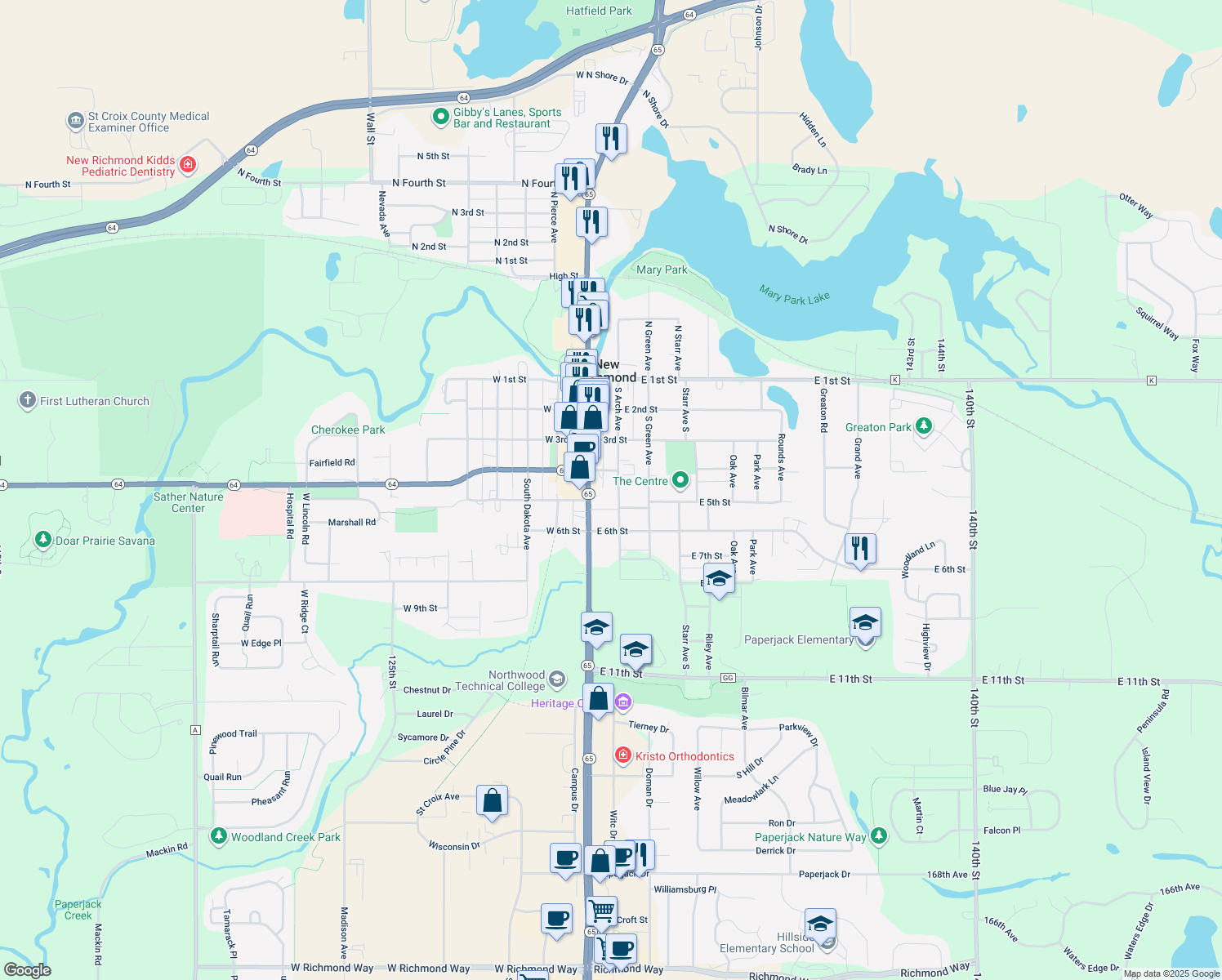 map of restaurants, bars, coffee shops, grocery stores, and more near 439 South Arch Avenue in New Richmond