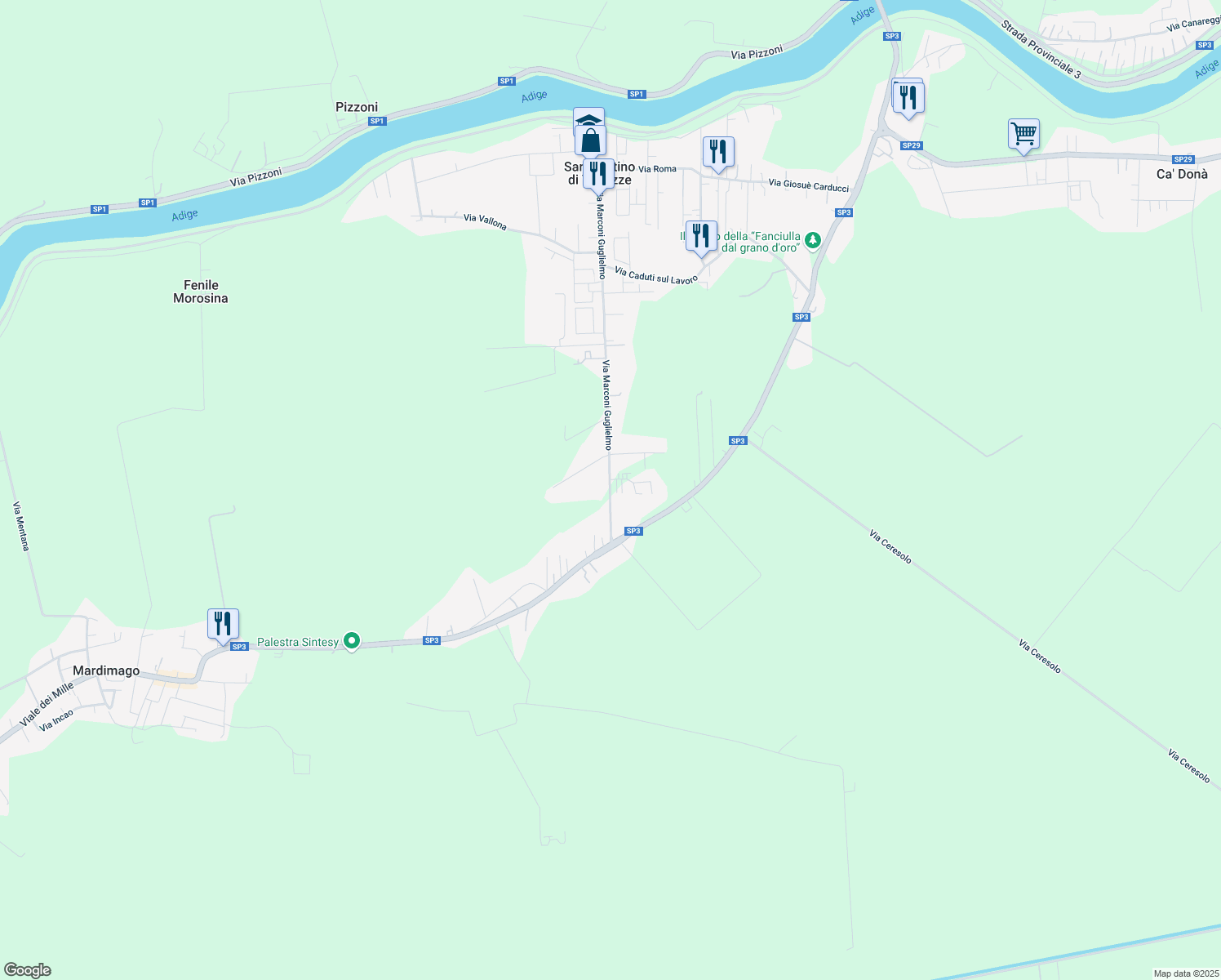 map of restaurants, bars, coffee shops, grocery stores, and more near 1315B Via Marconi Guglielmo in San Martino di Venezze