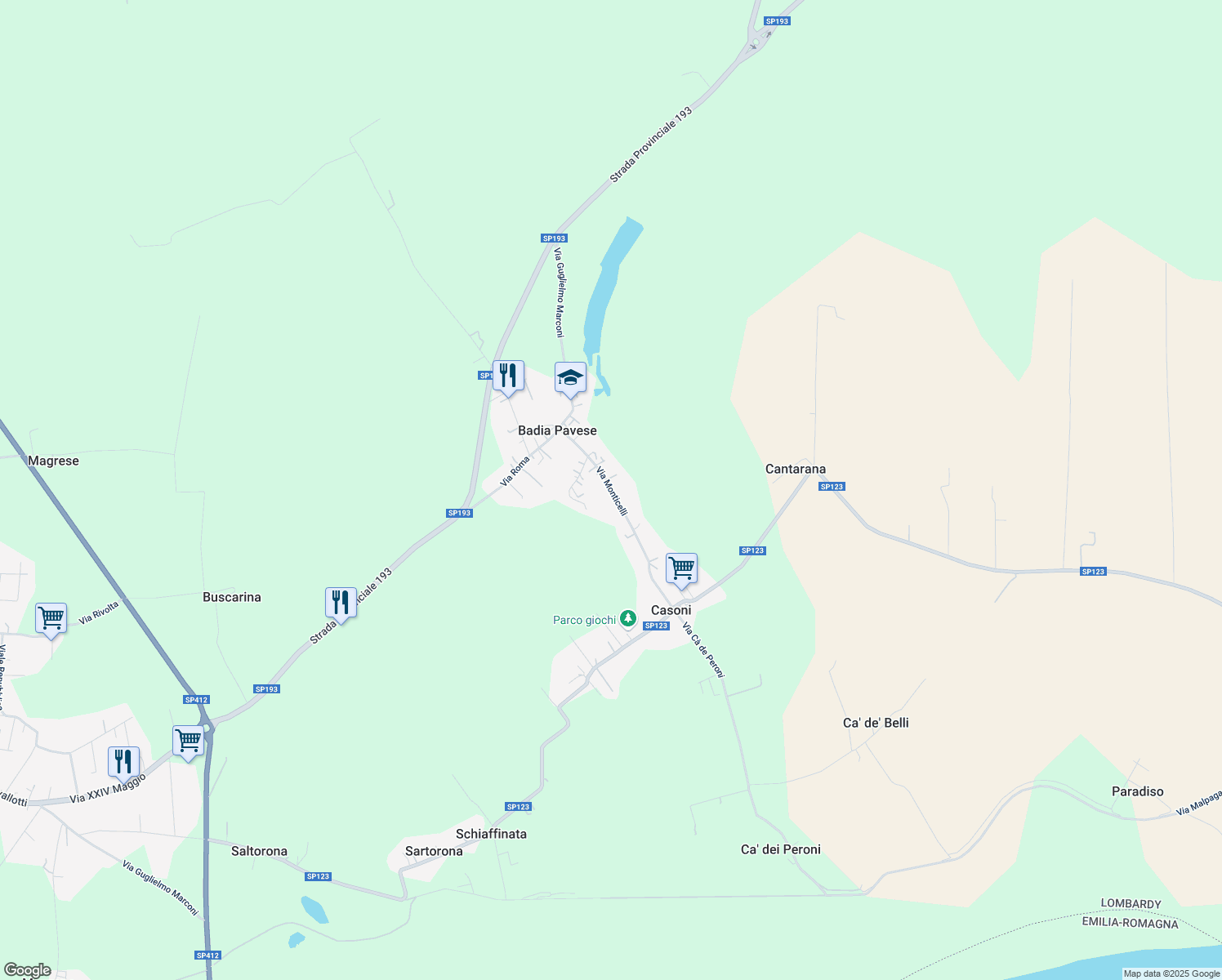 map of restaurants, bars, coffee shops, grocery stores, and more near 14 Via Monticelli in Badia Pavese