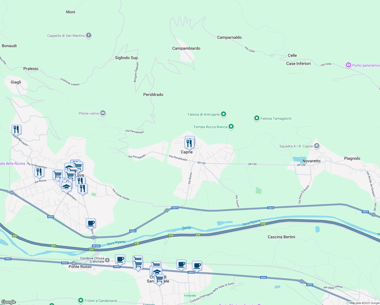 map of restaurants, bars, coffee shops, grocery stores, and more near 15 Via Braere in Caprie