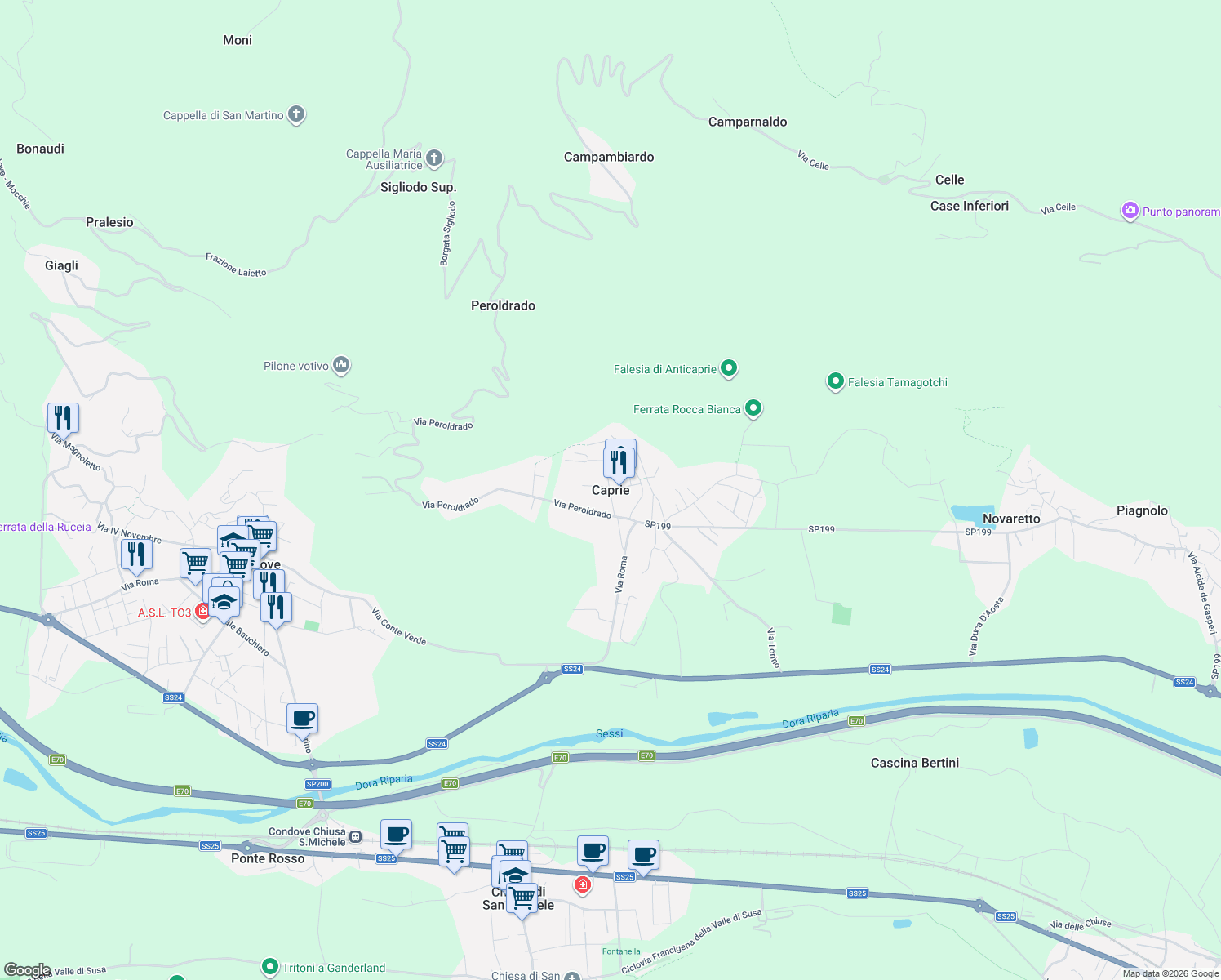 map of restaurants, bars, coffee shops, grocery stores, and more near in Caprie