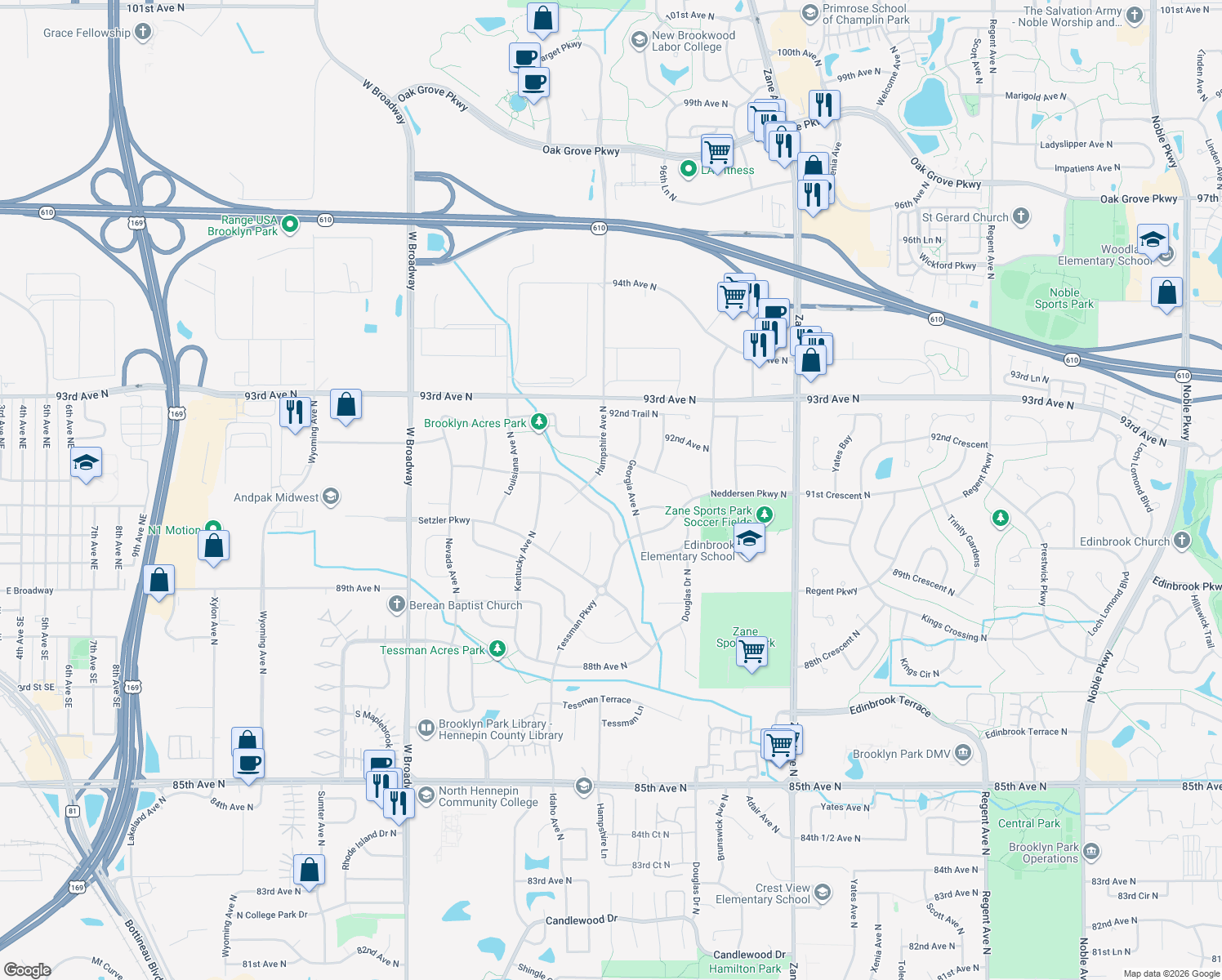 map of restaurants, bars, coffee shops, grocery stores, and more near 9109 Georgia Court North in Minneapolis