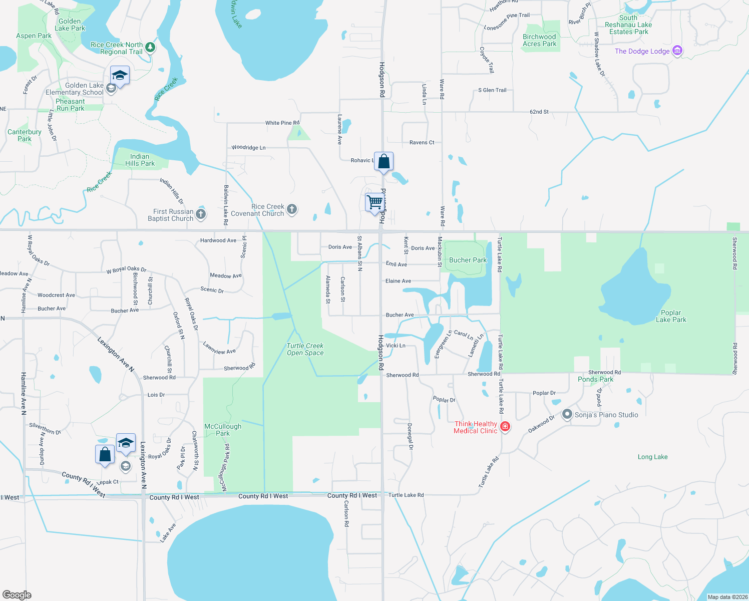 map of restaurants, bars, coffee shops, grocery stores, and more near 5895 Hodgson Road in Shoreview